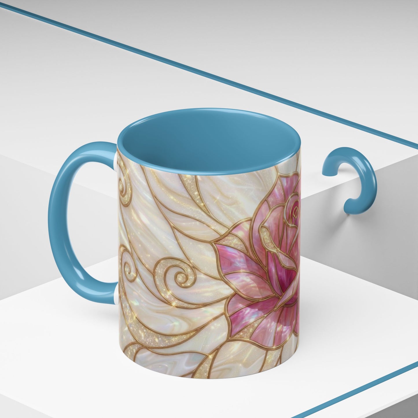 Pink Rose Stained Glass Mug, Gold Floral Coffee Cup, Romantic Flower Tea Cup, Gardener Gift For Mom, Botanical Art, Wife Birthday Gift