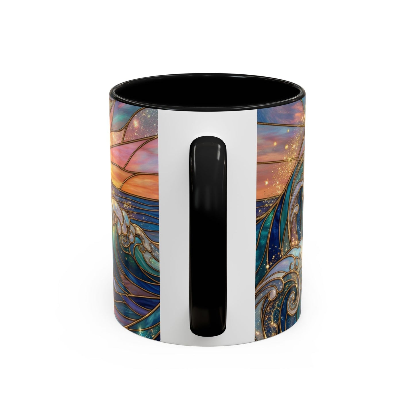 Stained Glass Ocean Wave Mug, Sunrise Beach Coffee Cup, Japanese Art Gift, Coastal Decor Kitchen, Mosaic Sea Tea Cup, Blue Gold Nature Lover