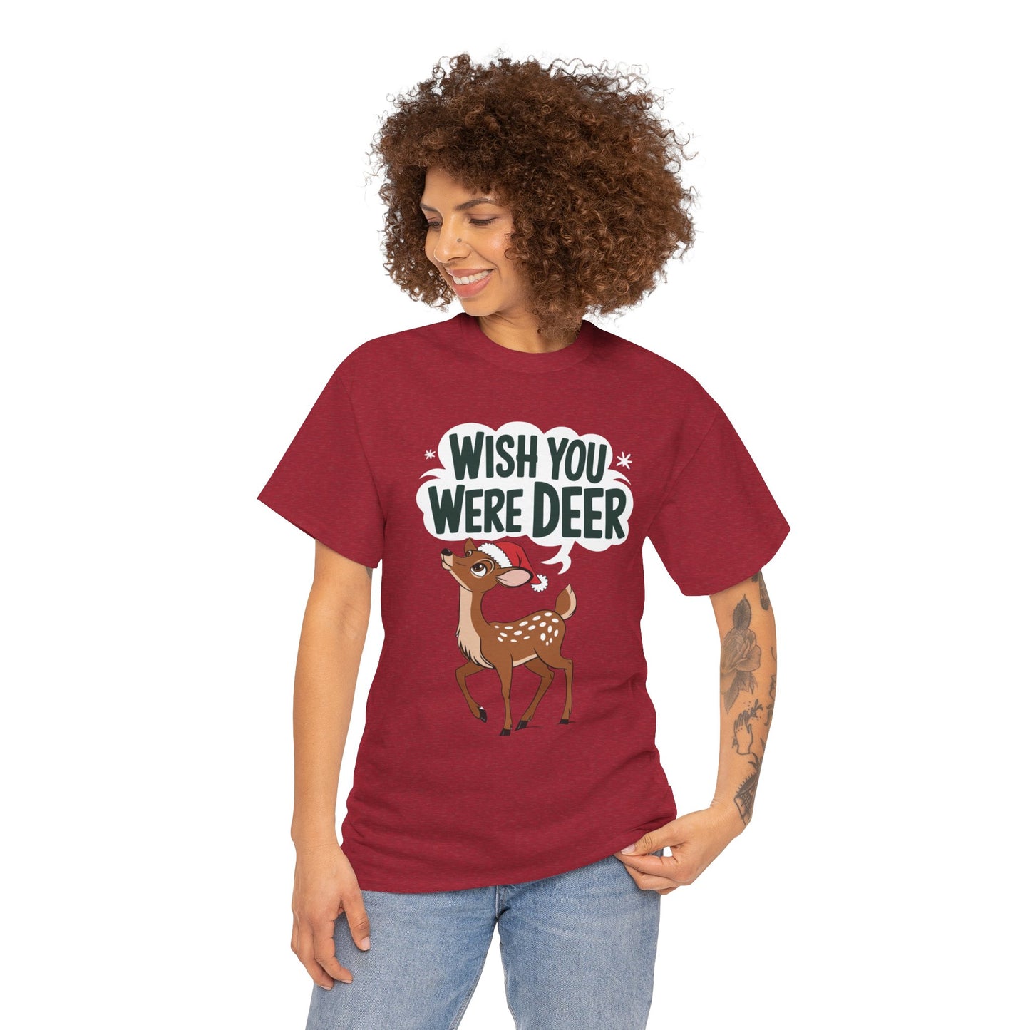 Wish You Were Deer Funny Christmas T-Shirt, Cute Reindeer Holiday Tee, Pun Christmas Shirt, Festive Santa Hat Deer Graphic Tee Gift