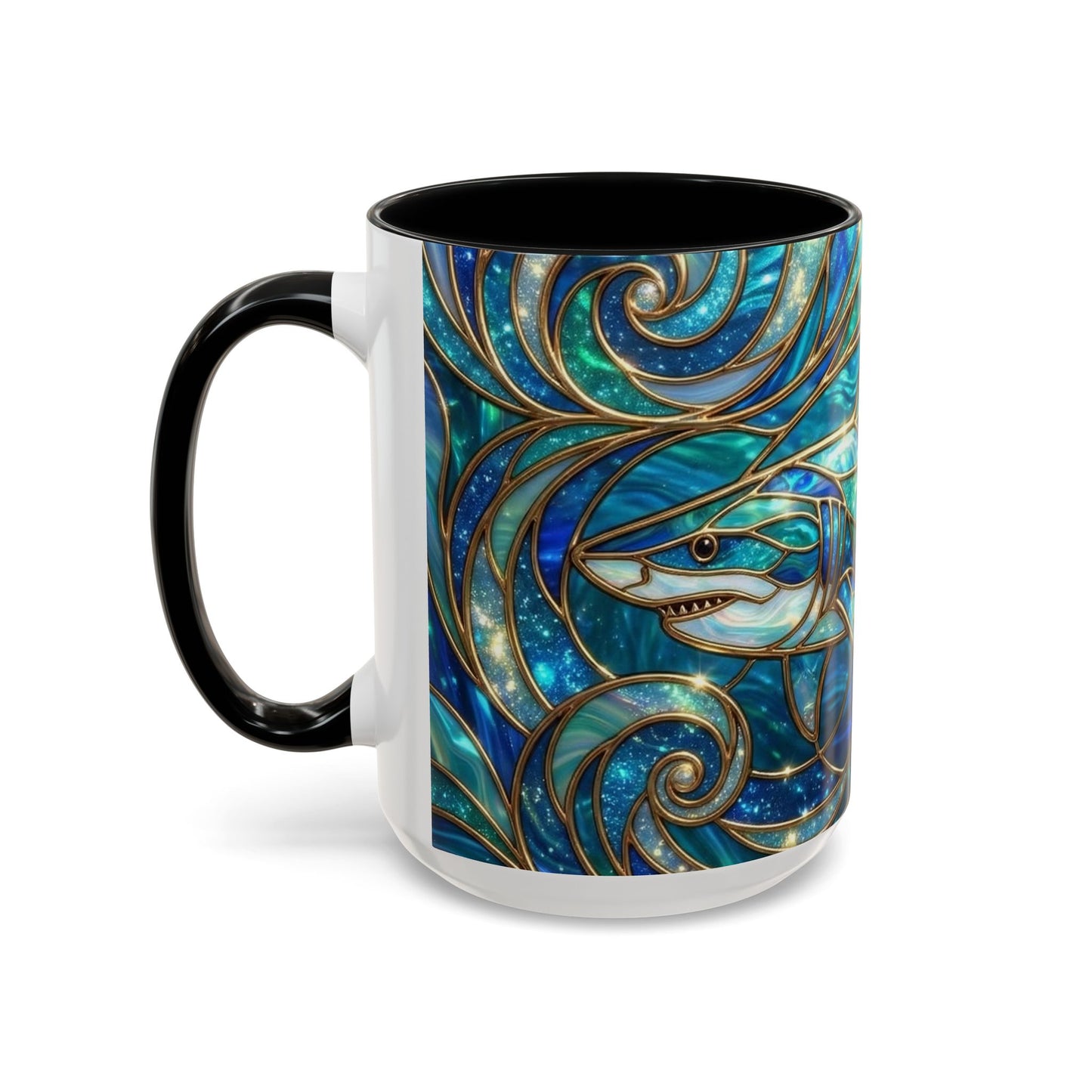 Stained Glass Shark Mug, Ocean Art Coffee Cup, Blue Shark Gift, Sea Life Ceramic Mug, Artistic Shark Design, Marine Lover Gift, Unique Ocean Mug