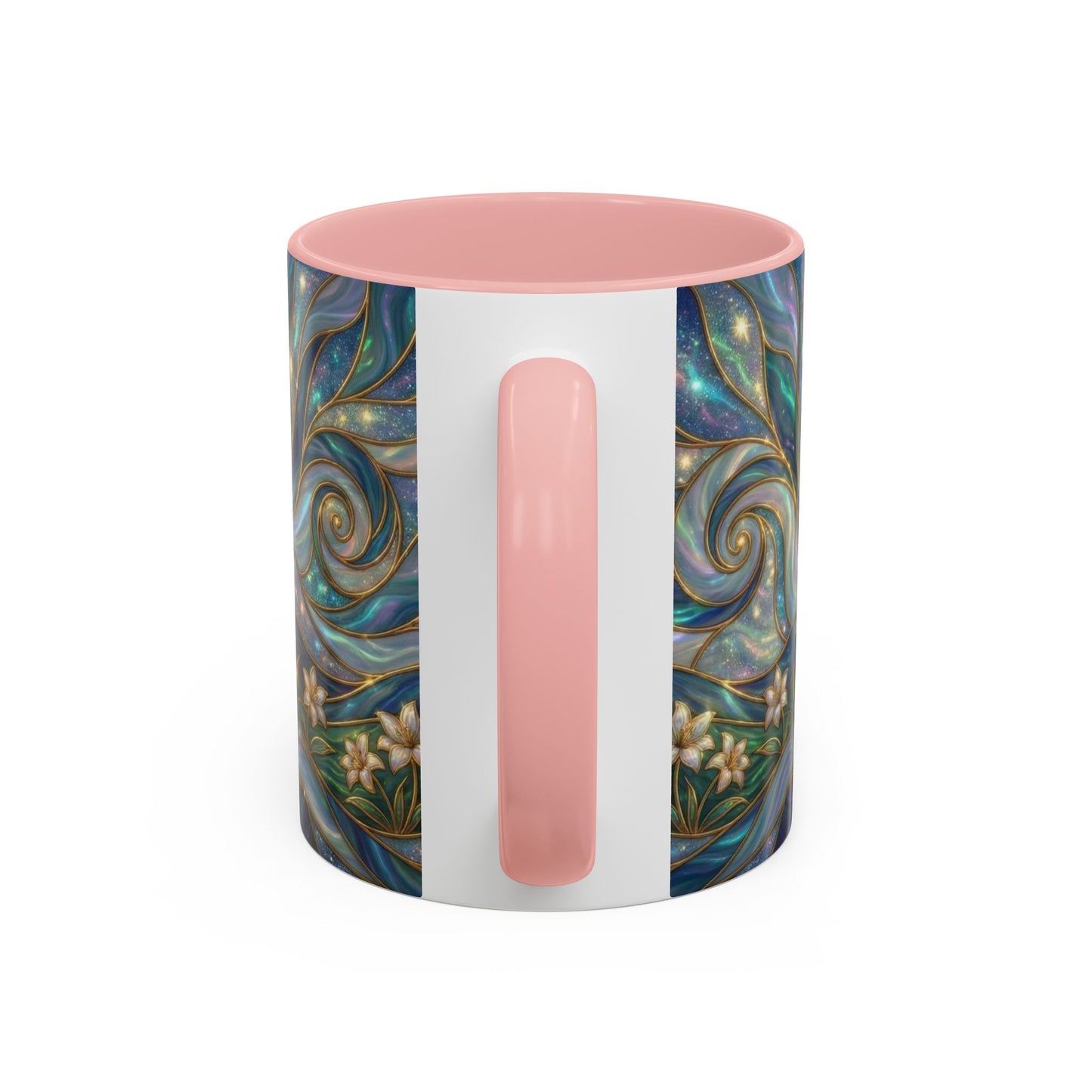 Stained Glass Cross Mug, Christian Coffee Cup, Religious Easter Gift, Celestial Faith Mug, Spiritual Sunrise Cup, Dove Lily Print Mug