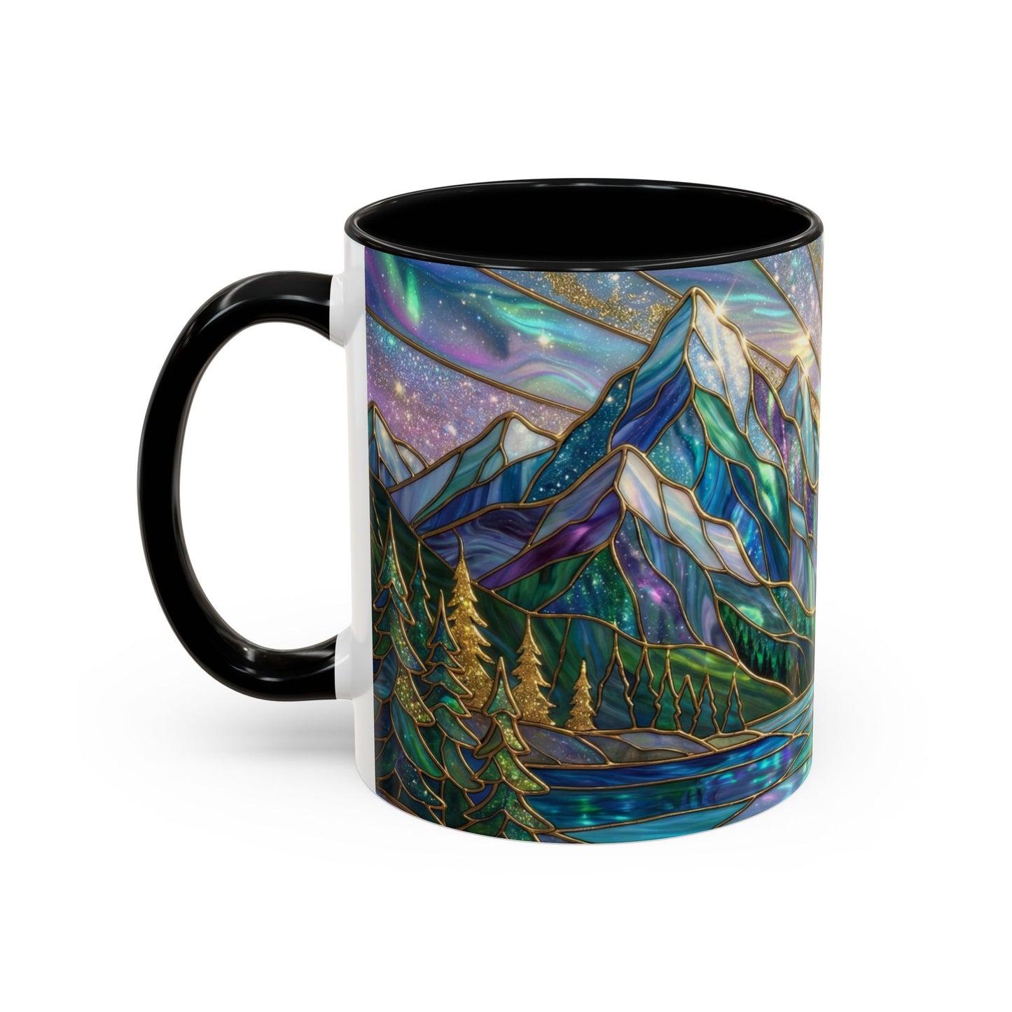 Stained Glass Mountain Mug, Mountain Landscape Coffee Cup, Galaxy Sky Nature Ceramic Mug, Sunrise River Forest Art, 11oz 15oz Gift