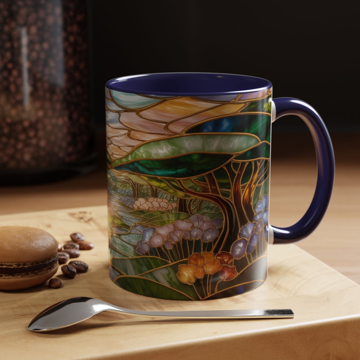 Stained Glass Woodland Forest Mug, Tree & Flowers Coffee Cup, Nature Lover Gift, Artistic Woodland Art Mug, Rustic Home Decor Mug
