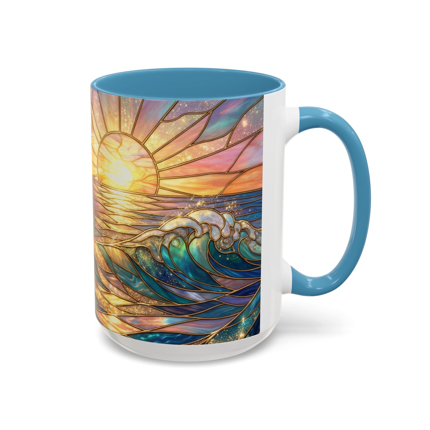 Stained Glass Ocean Wave Mug, Sunrise Beach Coffee Cup, Japanese Art Gift, Coastal Decor Kitchen, Mosaic Sea Tea Cup, Blue Gold Nature Lover