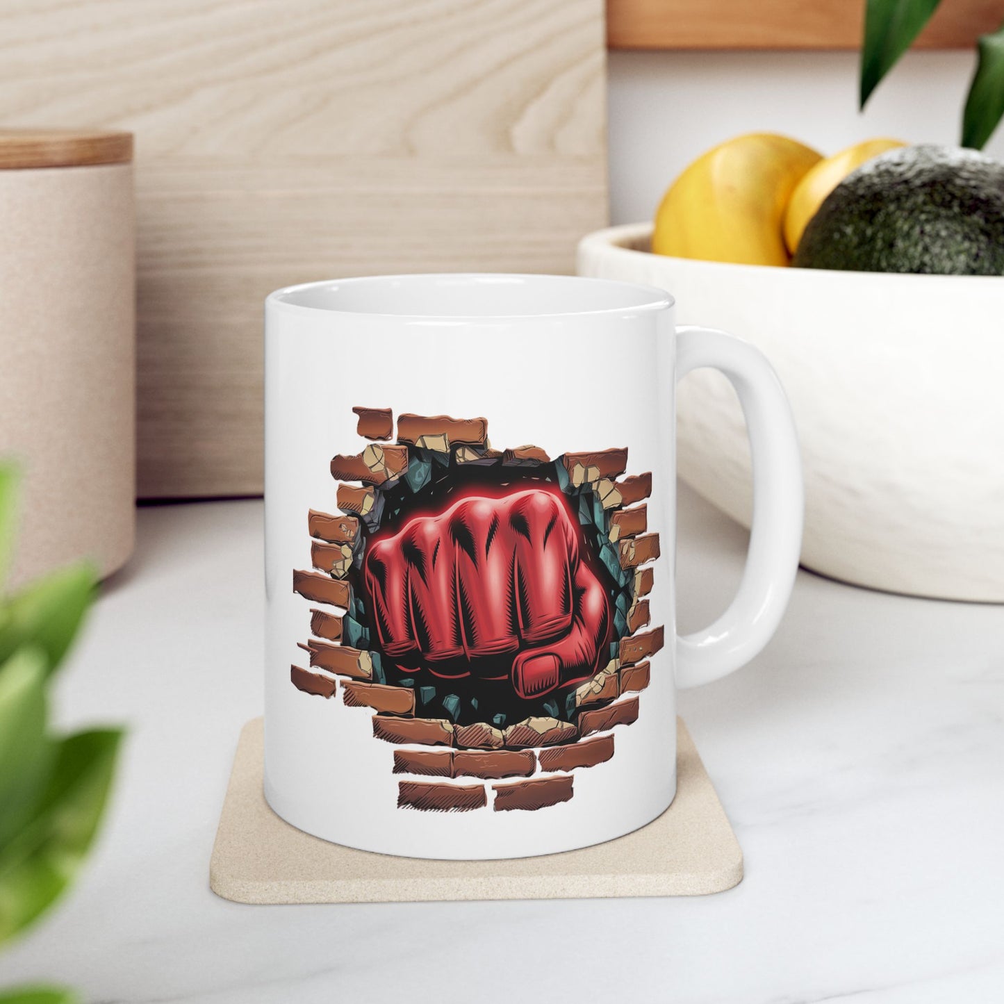 Red Fist Breaking Through Brick Mug – Bold Graphic 11oz or 15oz Ceramic Coffee Cup – Edgy Statement Gift for Him or Her, Cottagecore & Galaxy Aesthetic