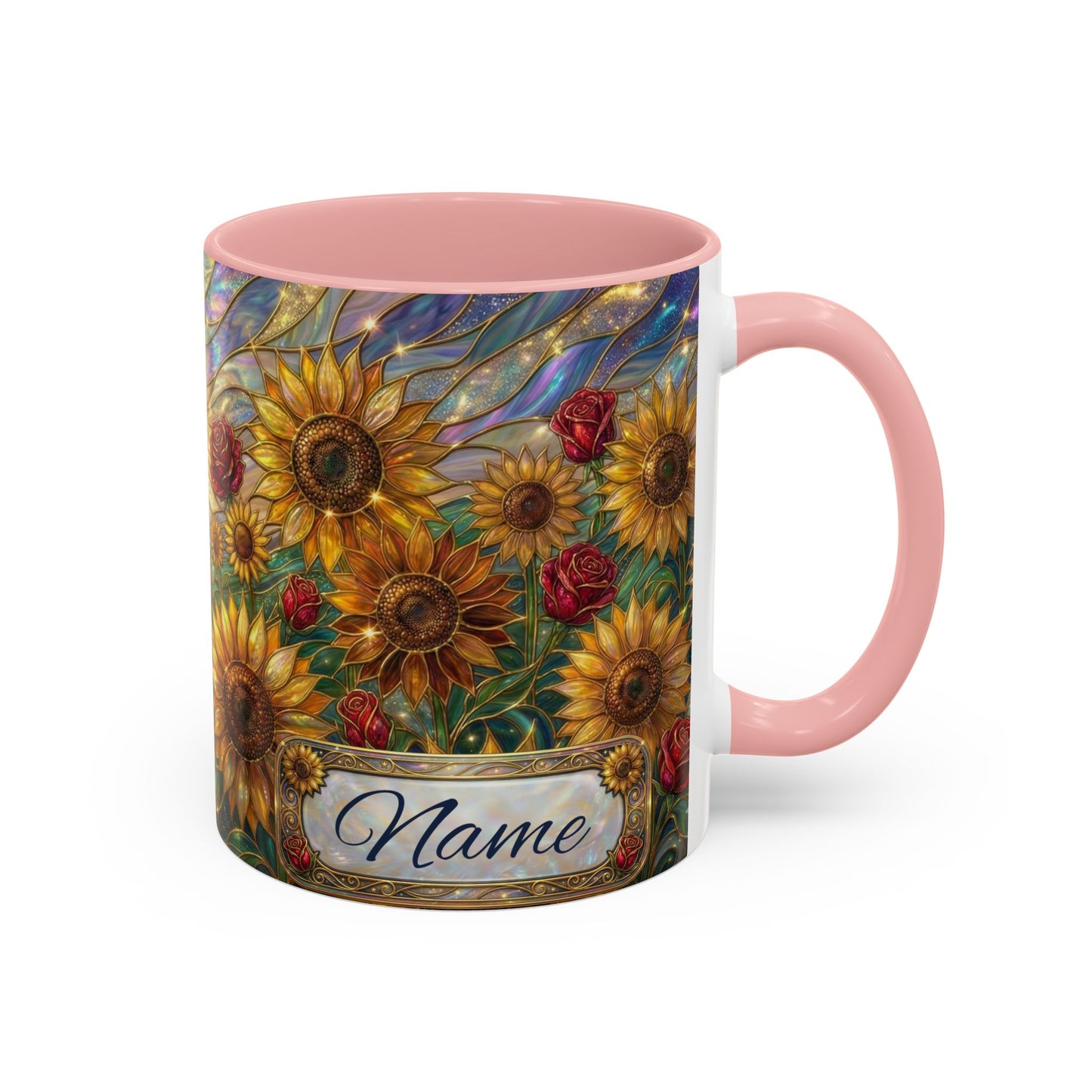 Personalized Stained Glass Sunflower Mug, Custom Red Rose Floral Coffee Cup, Celestial Night Sky Botanical Teacup, Gift For Flower Lover