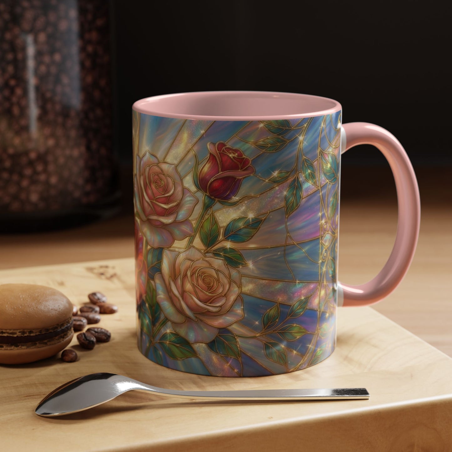 Stained Glass Rose Mug, Floral Art Coffee Cup, Elegant Rose Flower Mug, Blue Gold Glass Style Design, Romantic Gift For Her Decor