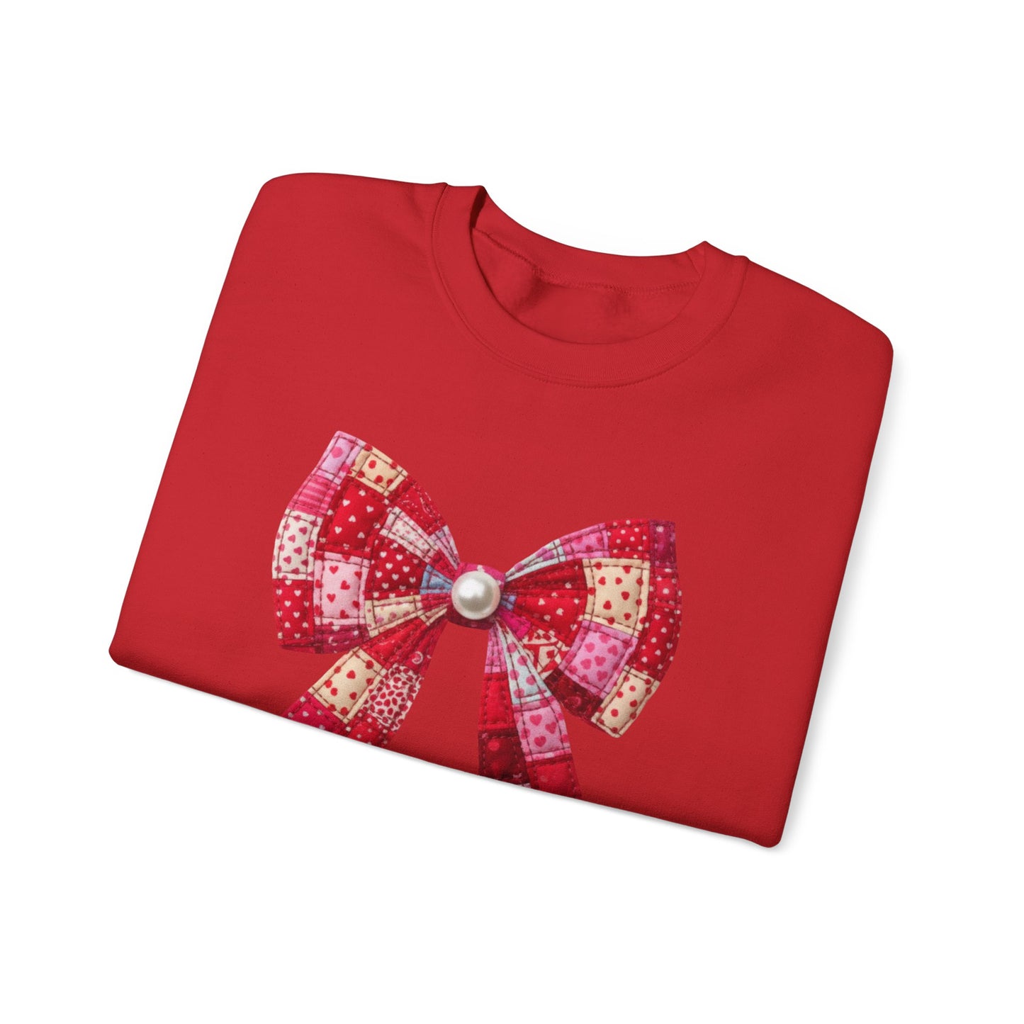 Faux Patchwork Bow Sweatshirt, Quilted Look Bow Crewneck, Pearl Bow Pullover, Cozy Coquette Sweatshirt, Girly Valentine Gift