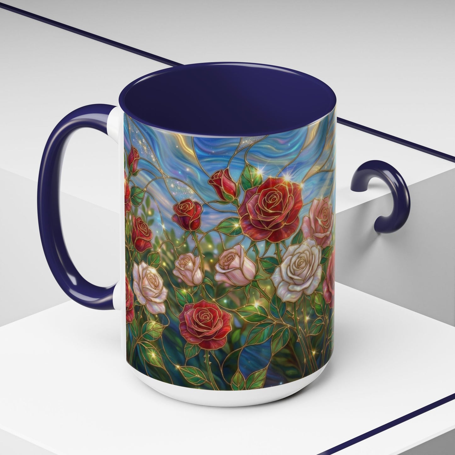Stained Glass Rose Garden Mug, Floral Rose Coffee Cup, Elegant Flower Mug, Blue Green Gold Glass Style Design, Romantic Gift For Her
