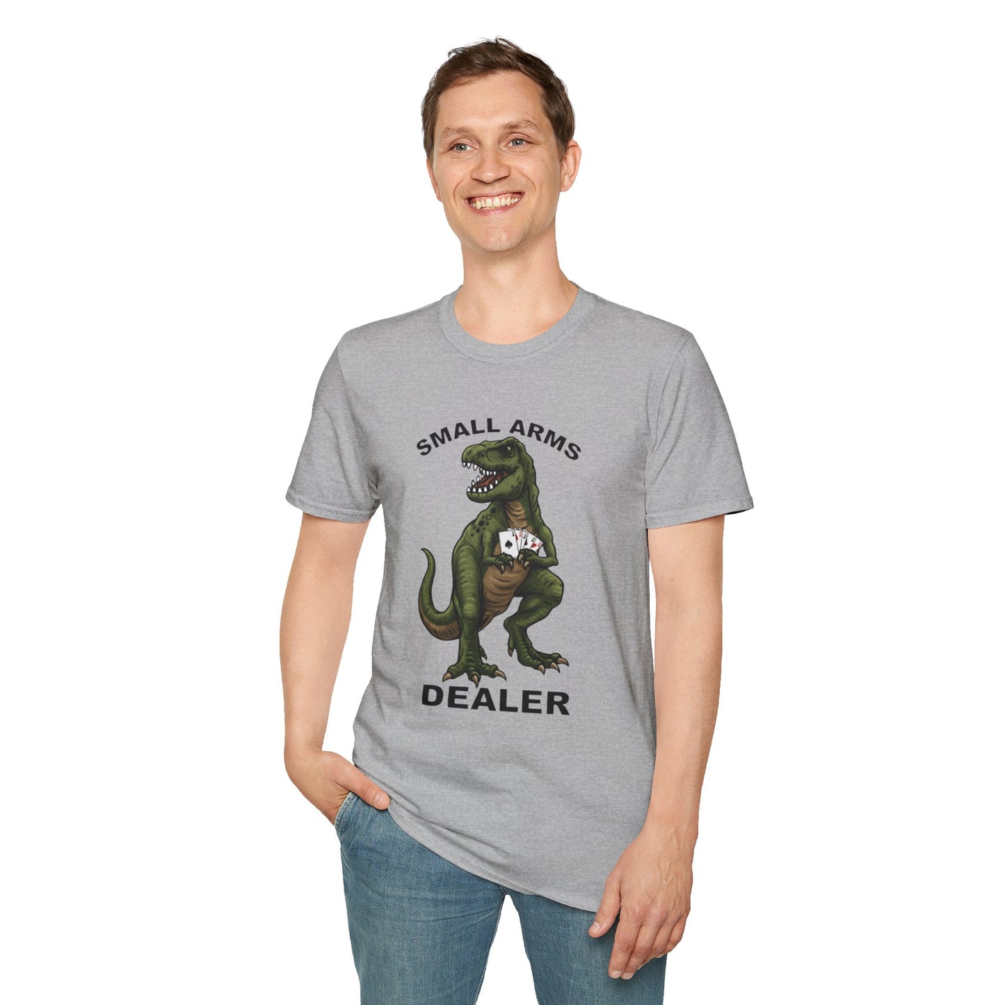 Funny Small Arms Dealer T-Rex Shirt, Dinosaur Pun Tee, Hilarious Graphic T-Shirt for Men & Women, Great Gift for Dad, Friend, or Coworker