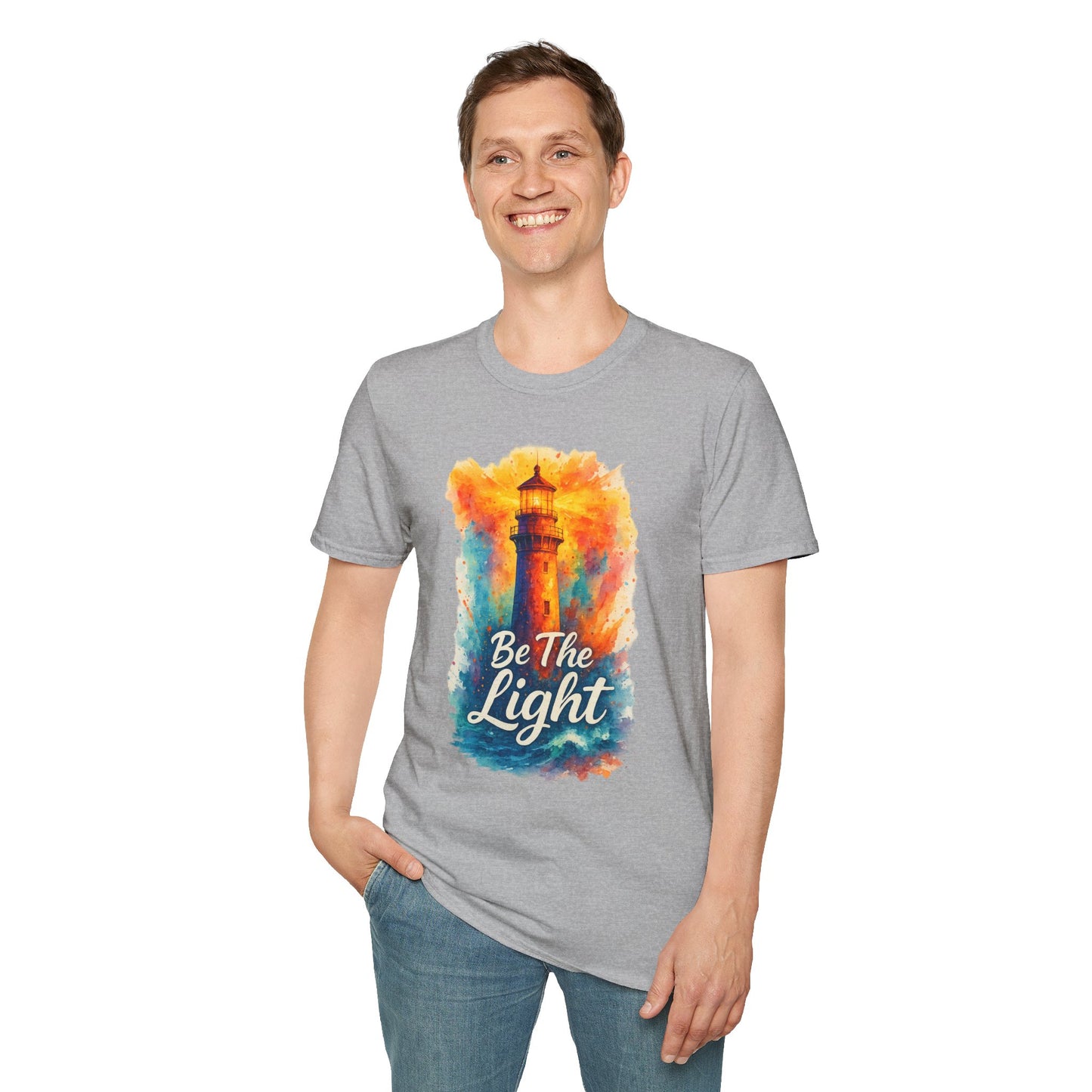 Be The Light Lighthouse T-Shirt | Inspirational Spiritual Tee | Coastal Nautical Gift for Her and Him | Unisex Softstyle Graphic Tee