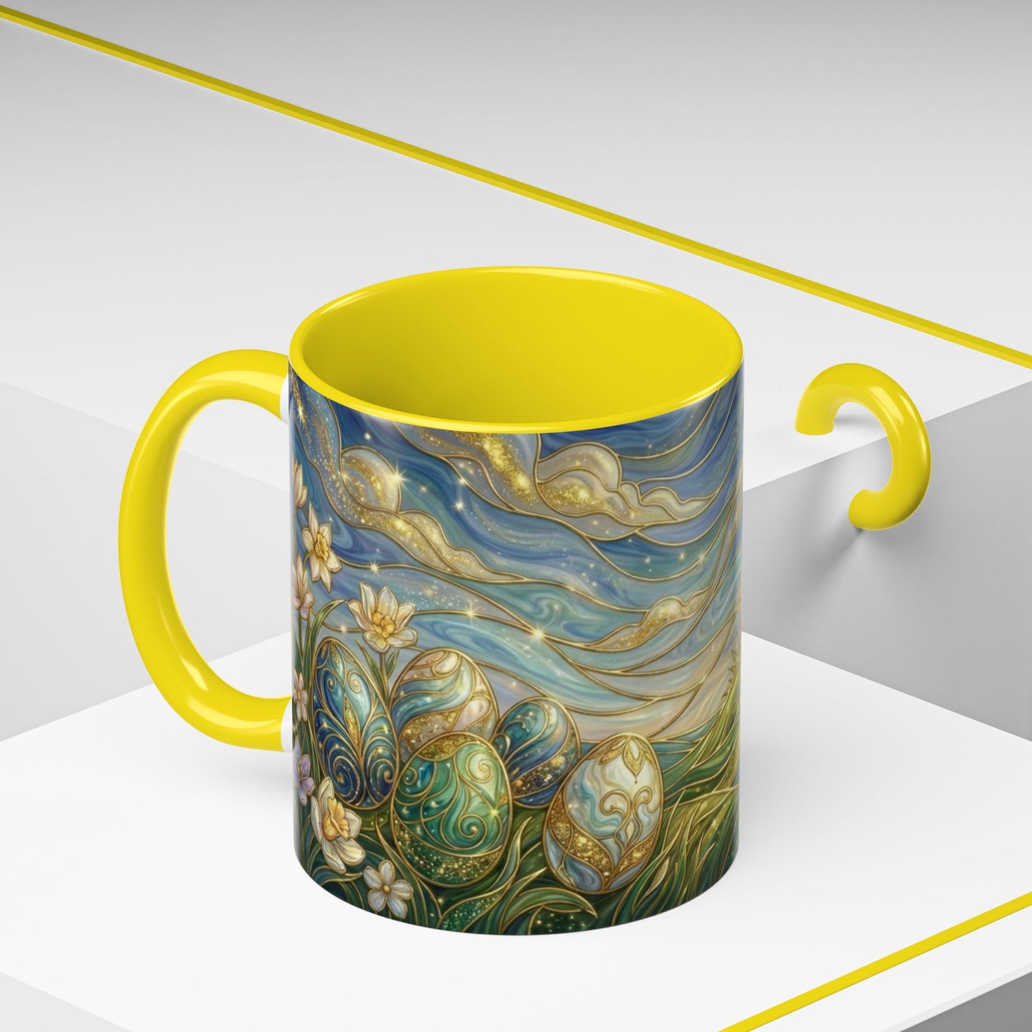 Stained Glass Easter Egg Mug, Magical Spring Floral Coffee Cup, Art Nouveau Fantasy Teacup, Elegant Celestial Starry Sky Mug Gift Idea