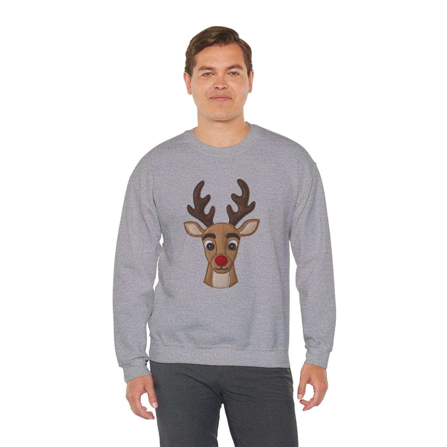 Faux Patchwork Rudolph Sweatshirt, Cute Reindeer Christmas Crewneck, Cozy Holiday Pullover, Winter Reindeer Sweater, Xmas Gift for Women