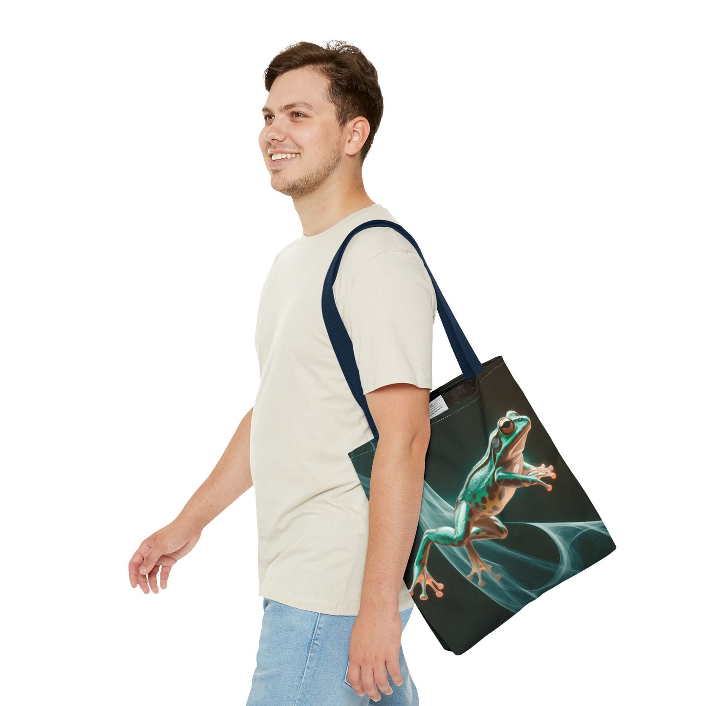 Frog in Motion Tote Bag, Nature-Inspired Green Frog Design Eco-Friendly Shoulder Bag, Artistic Reusable Tote For Everyday Use And Gifts