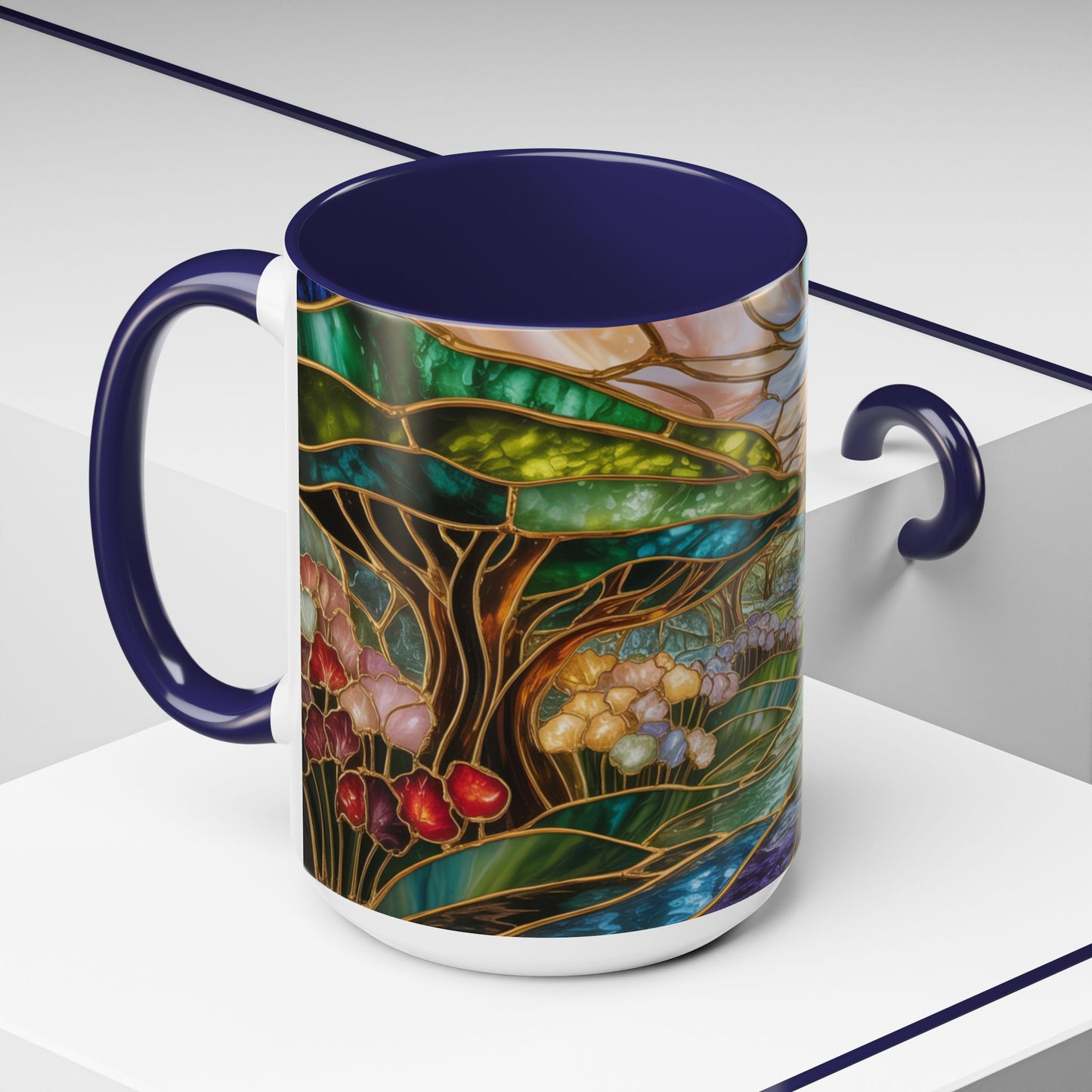 Stained Glass Woodland Forest Mug, Tree & Flowers Coffee Cup, Nature Lover Gift, Artistic Woodland Art Mug, Rustic Home Decor Mug