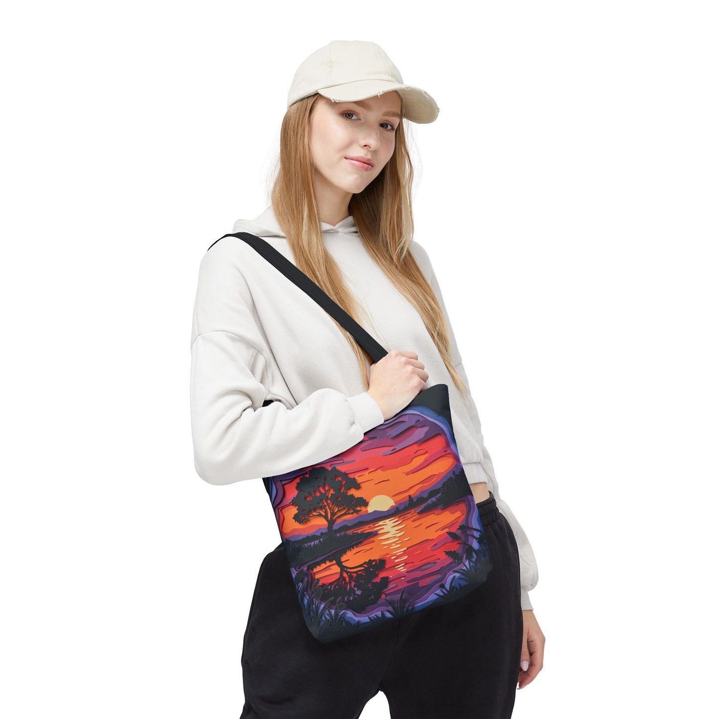 Sunset Landscape Canvas Tote Bag – Paper‑Art Inspired Nature Scene Tote – Colorful Sunset Market Tote, Eco Reusable Beach Bag, Vibrant Gift for Her