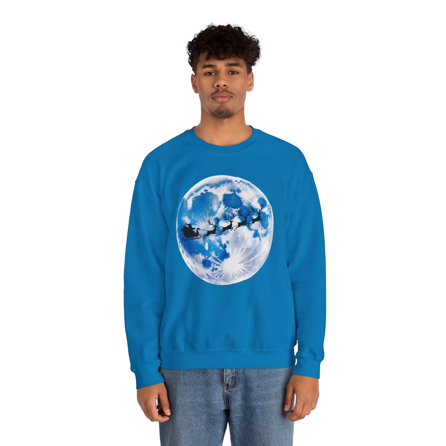 Santa And Reindeer Full Moon Christmas Sweatshirt, Holiday Night Sky Sweater, Cozy Unisex Crewneck, Festive Gift For Christmas Lovers