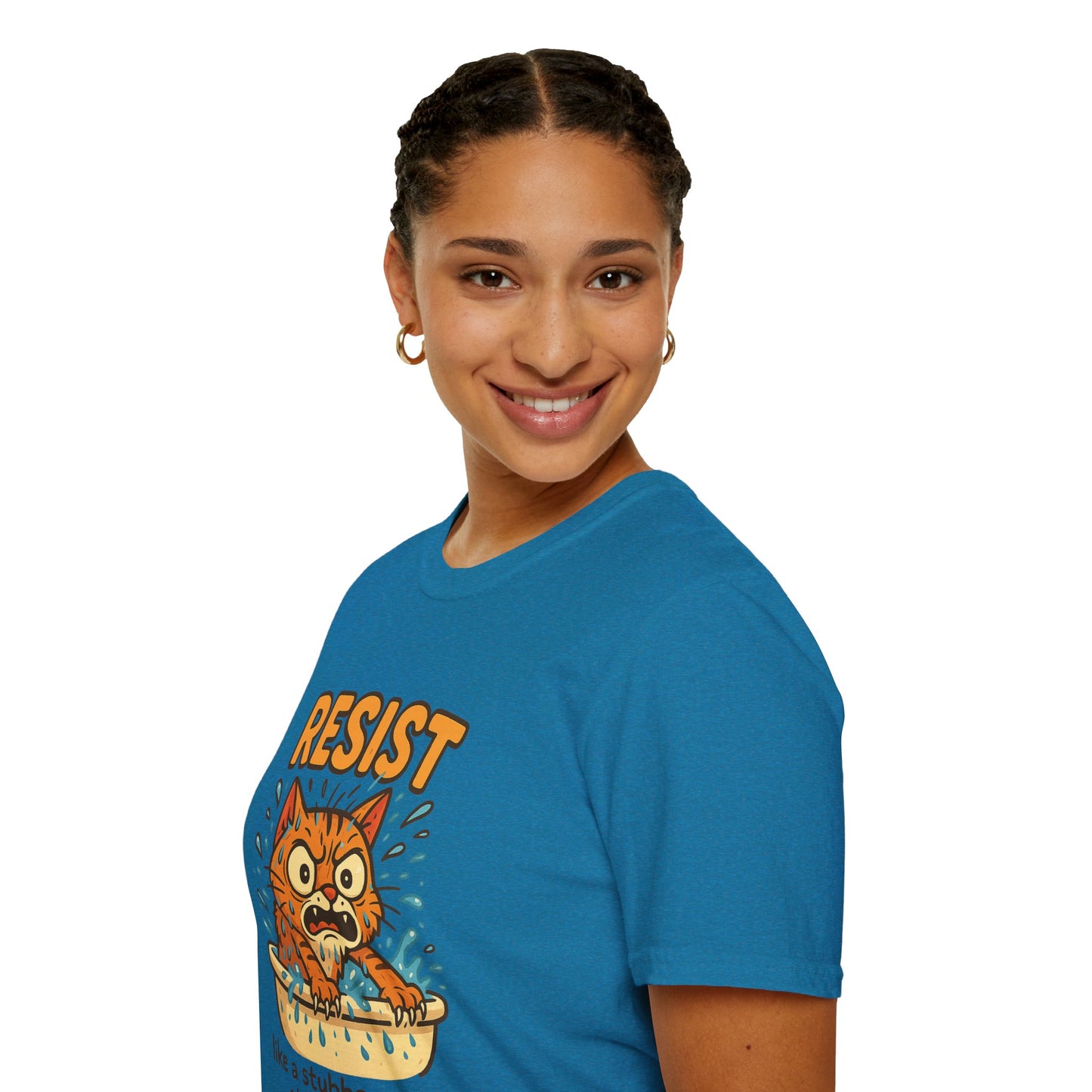 Resist Like A Stubborn Cat At Bathtime Funny Cat Lover Graphic Tee - Quirky Self Care Shirt - Gift For Pet Moms, Dads and Humor Fans
