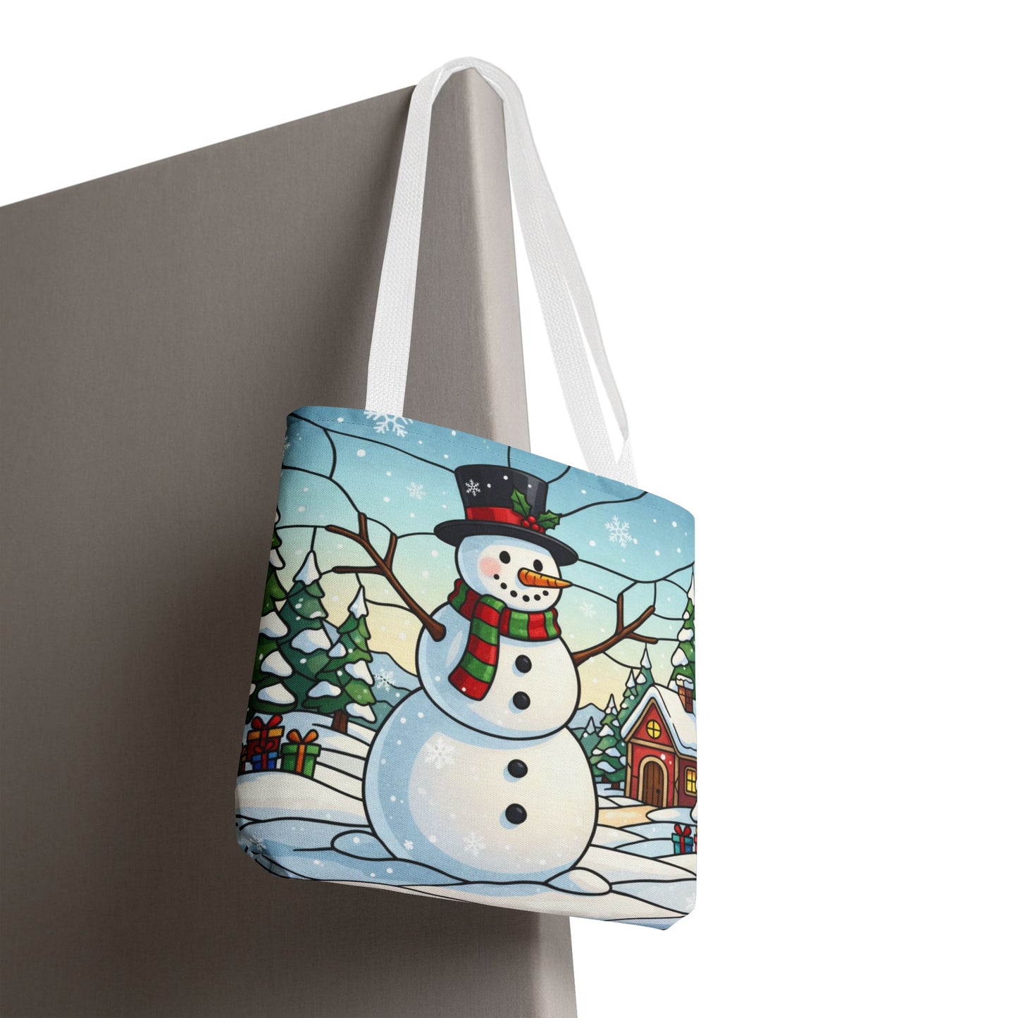 Stained Glass Snowman Christmas Tote Bag, Holiday Art Tote, Festive Winter Gift Bag, Colorful Christmas Scene Reusable Shopping Bag