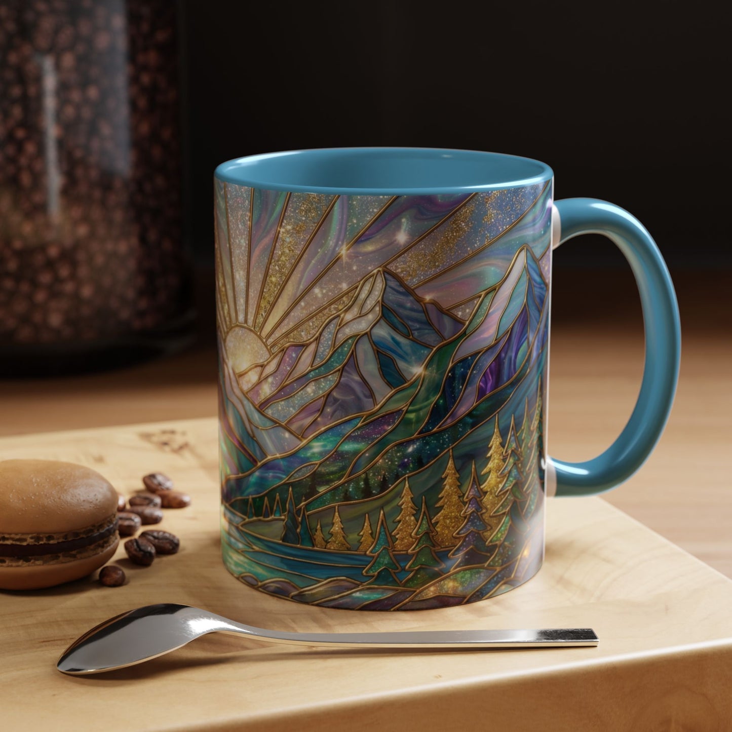 Stained Glass Mountain Mug, Mountain Landscape Coffee Cup, Galaxy Sky Nature Ceramic Mug, Sunrise River Forest Art, 11oz 15oz Gift