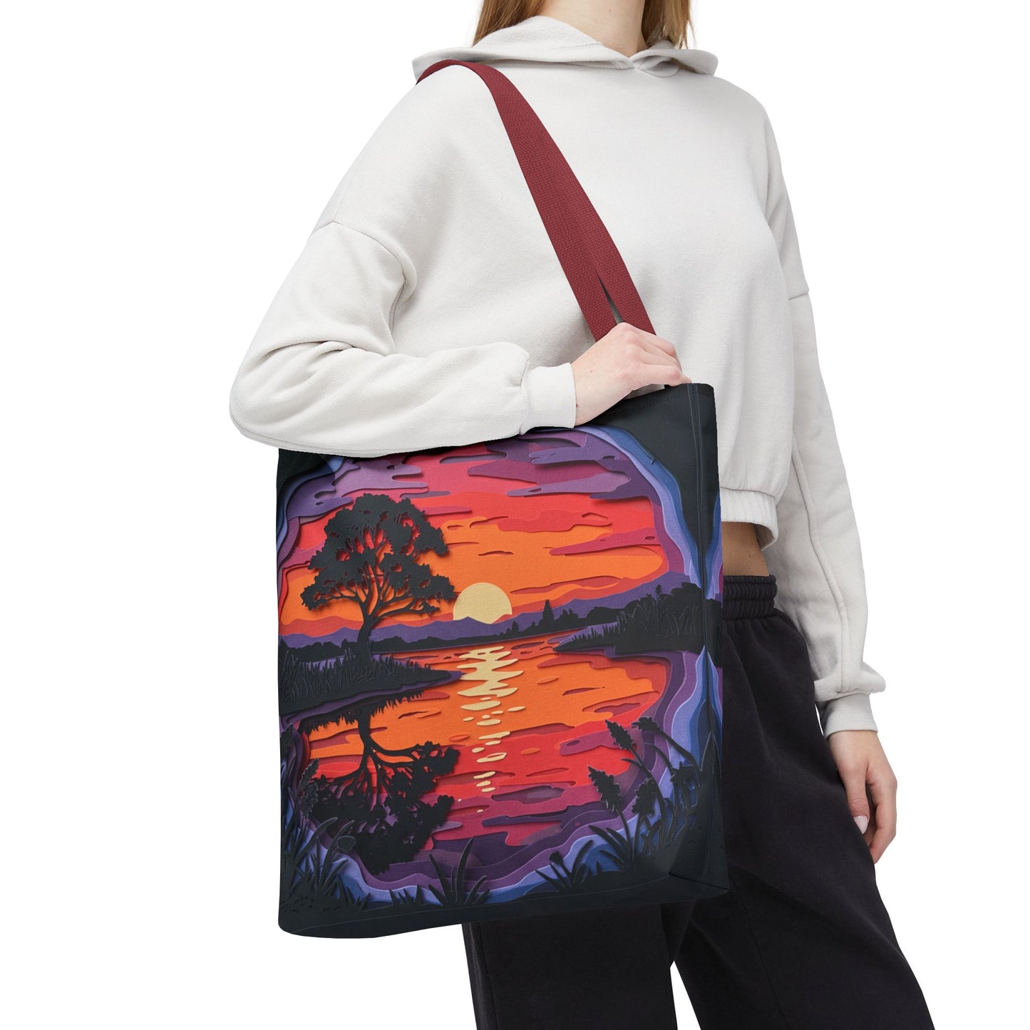 Sunset Landscape Canvas Tote Bag – Paper‑Art Inspired Nature Scene Tote – Colorful Sunset Market Tote, Eco Reusable Beach Bag, Vibrant Gift for Her