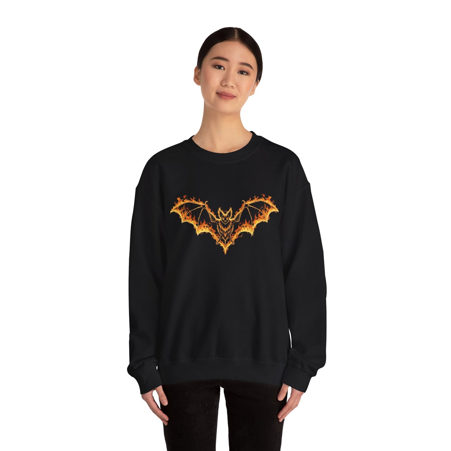 Flaming Bat Sweatshirt - Halloween Spooky Season Graphic Crewneck, Fiery Bat Design, Gothic Fall Fashion, Spooky Gift