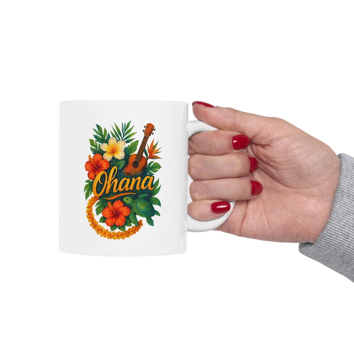 Ohana Hawaiian Mug - Tropical Coffee Cup with Ukulele & Hibiscus Flowers - Island Gift for Family, Friends, or Beach Lovers