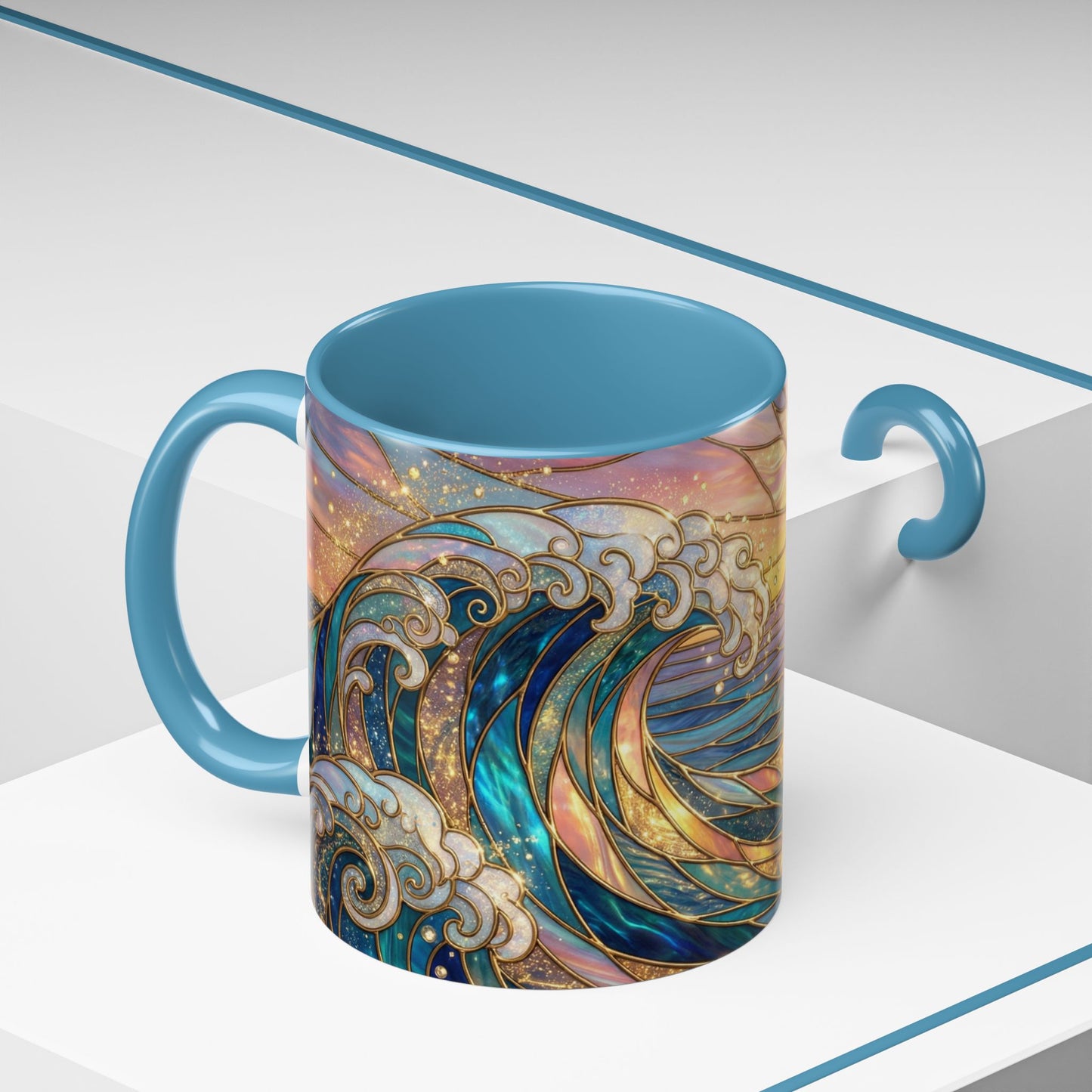 Stained Glass Ocean Wave Mug, Sunrise Beach Coffee Cup, Japanese Art Gift, Coastal Decor Kitchen, Mosaic Sea Tea Cup, Blue Gold Nature Lover