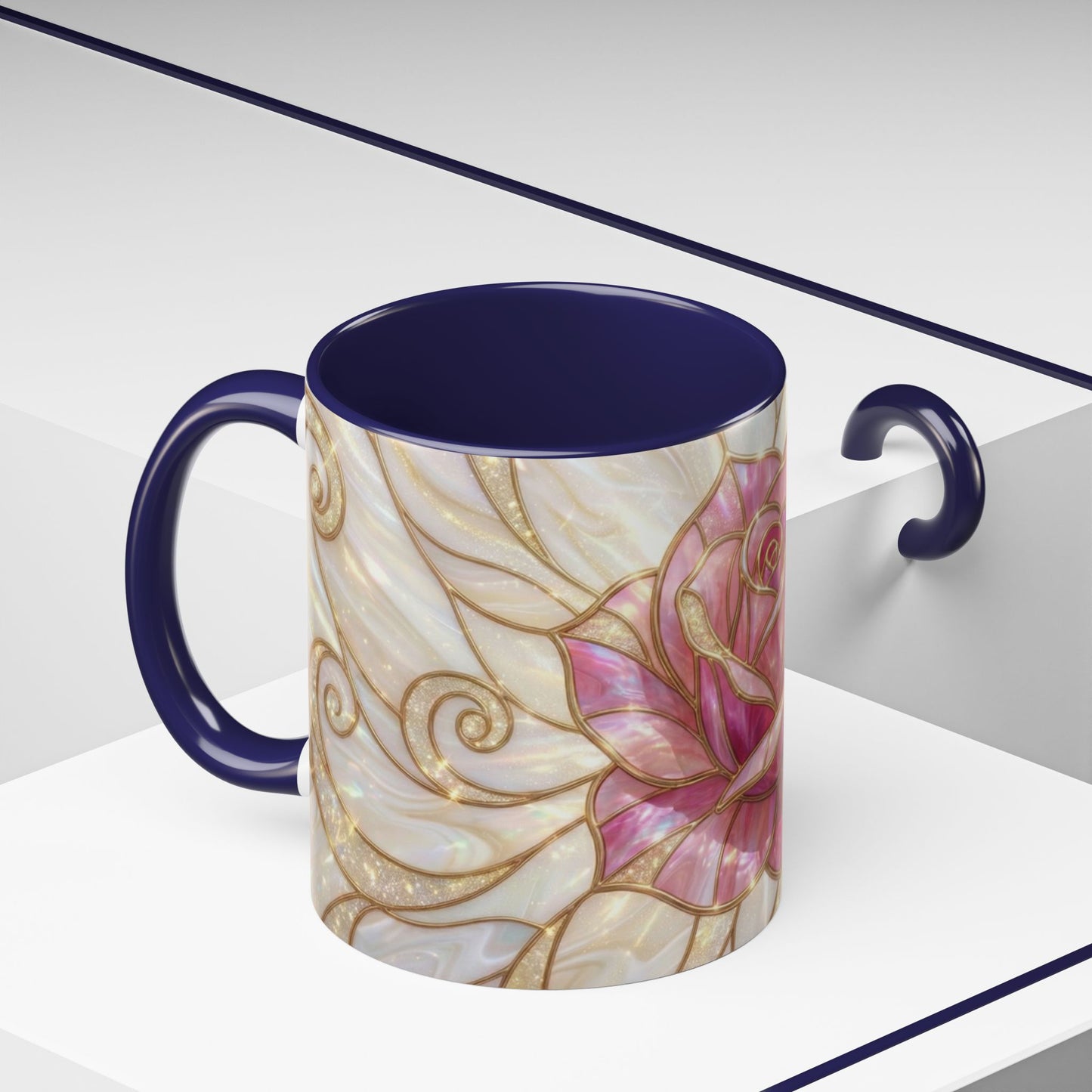 Pink Rose Stained Glass Mug, Gold Floral Coffee Cup, Romantic Flower Tea Cup, Gardener Gift For Mom, Botanical Art, Wife Birthday Gift