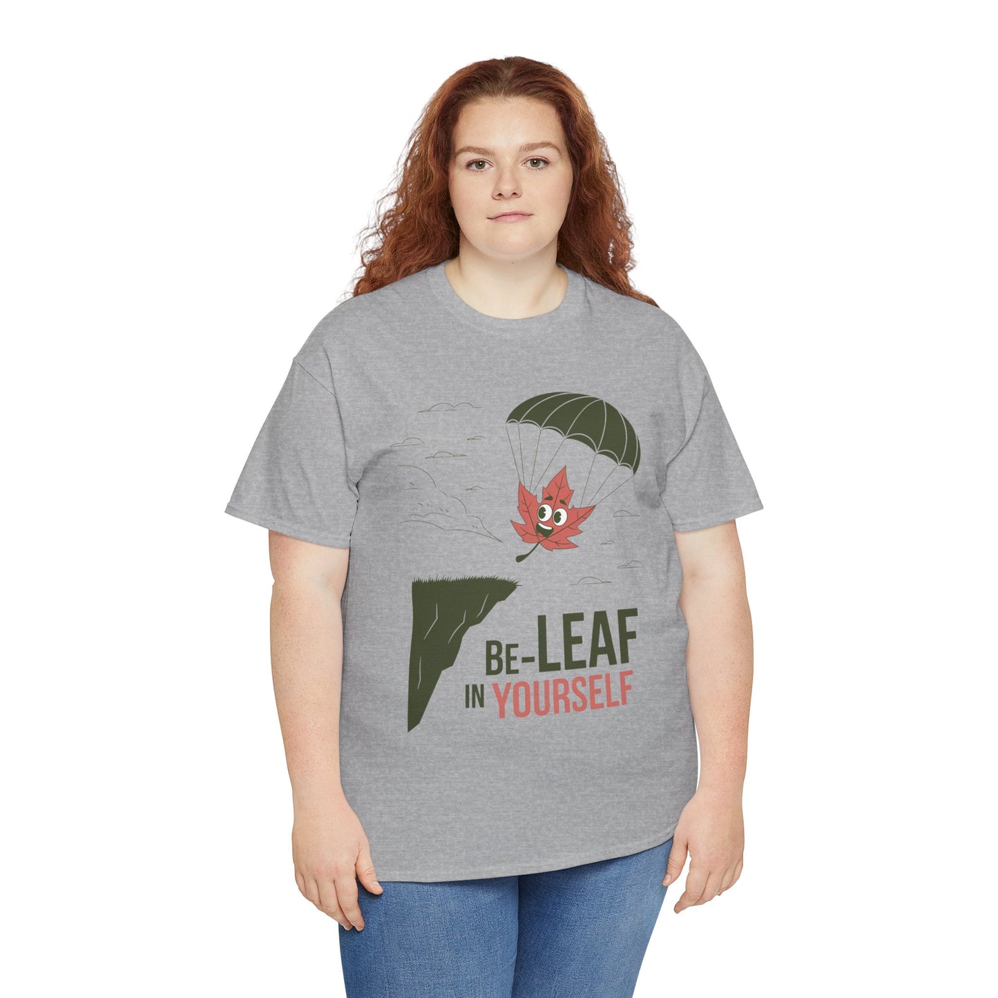 Be-Leaf In Yourself Maple Leaf Parachute T-Shirt | Funny Motivational Nature Graphic Tee | Self-Love Fall Autumn Shirt | Outdoorsy Gift