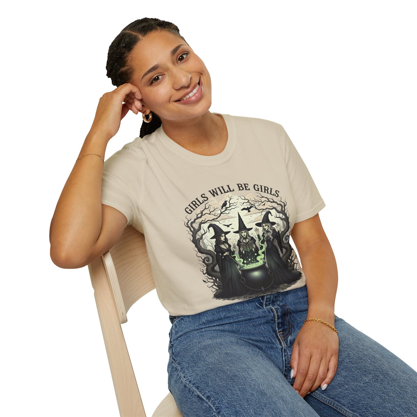 Girls Will Be Girls Witch Tee - Witches Brewing Cauldron Shirt - Halloween Witchy Vintage Feminist Spooky Gift for Women