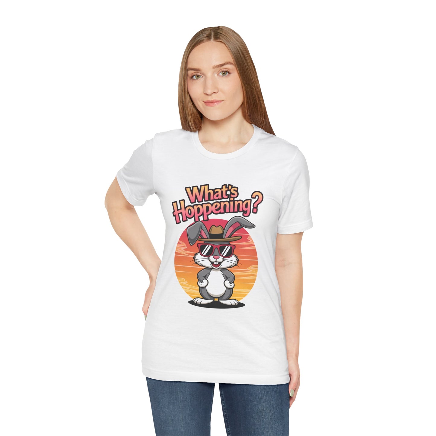What’s Hoppening Funny Bunny Shirt – Cute Rabbit Pun T-Shirt – Sunset Graphic Tee for Animal Lovers, Easter, and Pun Enthusiasts