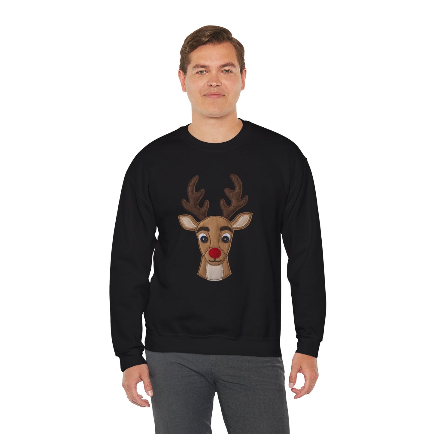 Faux Patchwork Rudolph Sweatshirt, Cute Reindeer Christmas Crewneck, Cozy Holiday Pullover, Winter Reindeer Sweater, Xmas Gift for Women