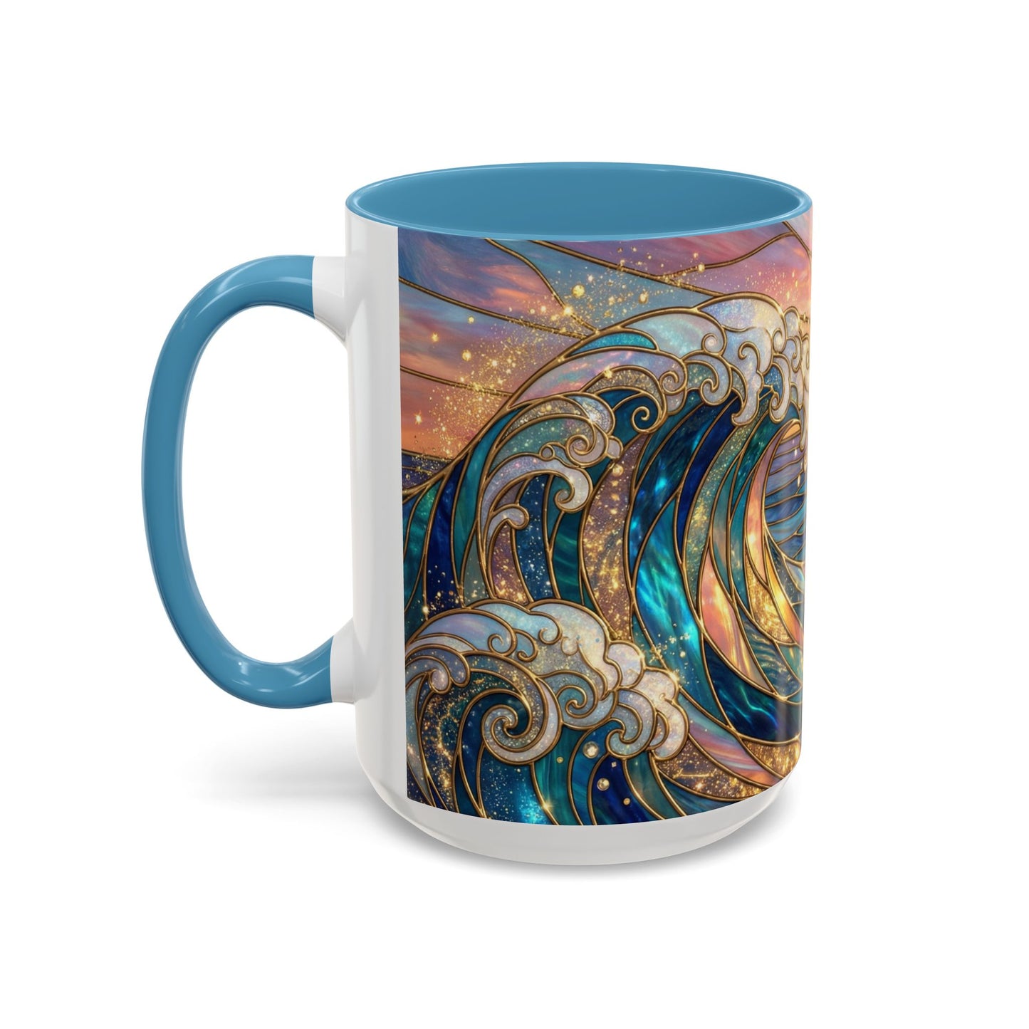 Stained Glass Ocean Wave Mug, Sunrise Beach Coffee Cup, Japanese Art Gift, Coastal Decor Kitchen, Mosaic Sea Tea Cup, Blue Gold Nature Lover