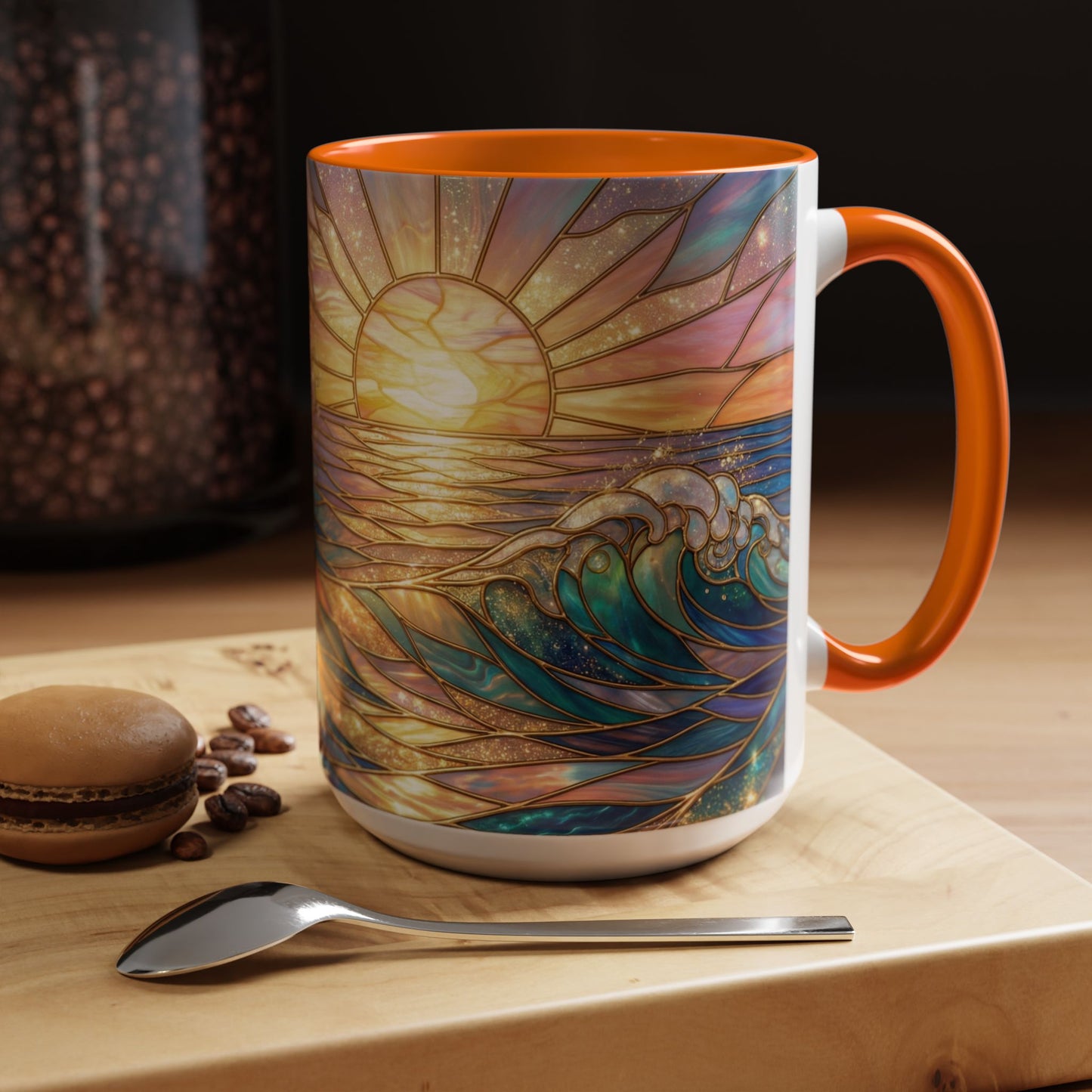 Stained Glass Ocean Wave Mug, Sunrise Beach Coffee Cup, Japanese Art Gift, Coastal Decor Kitchen, Mosaic Sea Tea Cup, Blue Gold Nature Lover