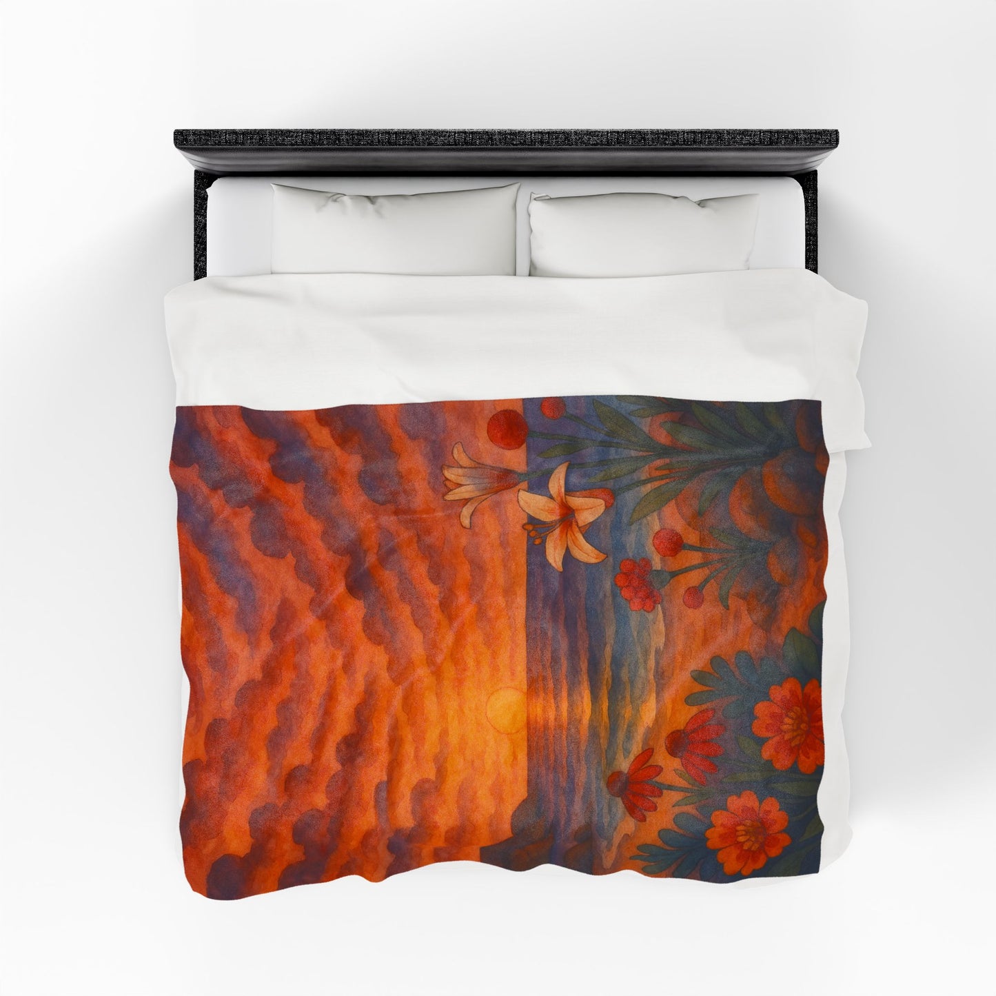 Sunset Floral Blanket – Cozy Beach Sunset Throw with Flowers | Colorful Velveteen Plush Blanket for Couch, Bed, or Gift