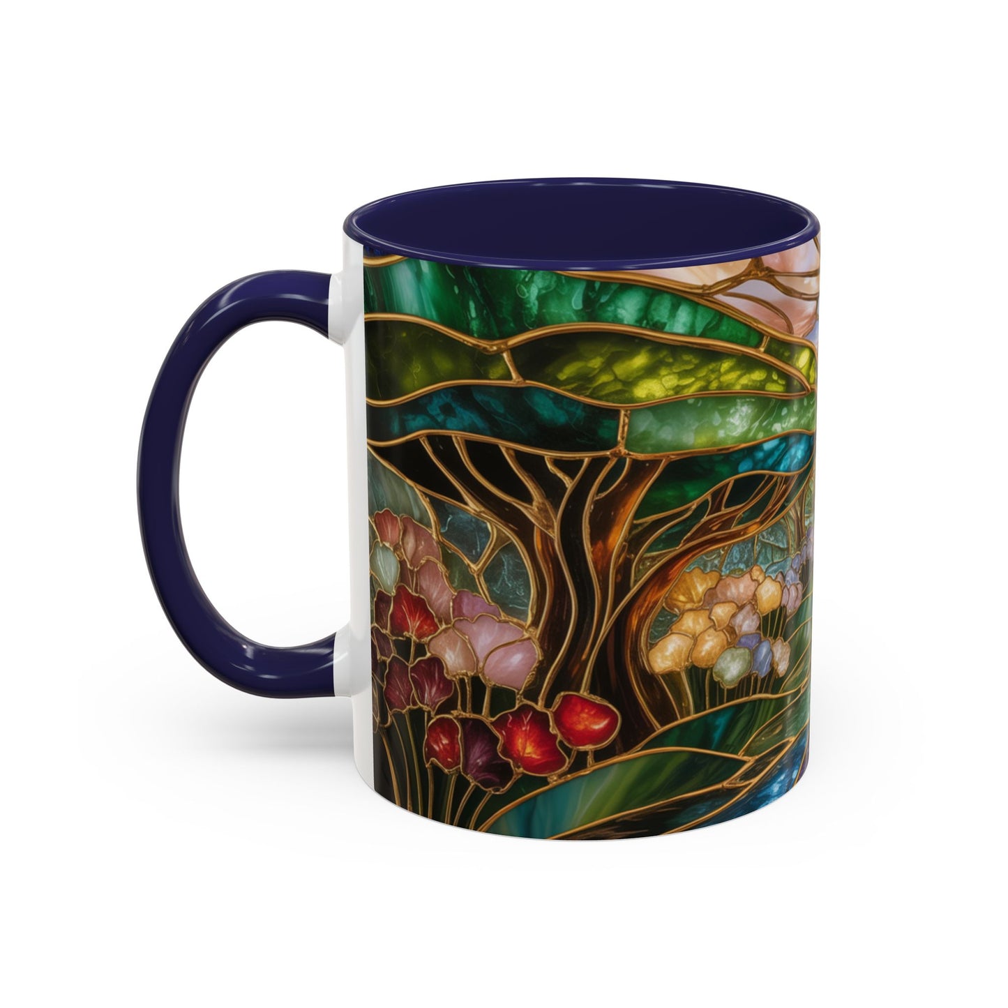 Stained Glass Woodland Forest Mug, Tree & Flowers Coffee Cup, Nature Lover Gift, Artistic Woodland Art Mug, Rustic Home Decor Mug