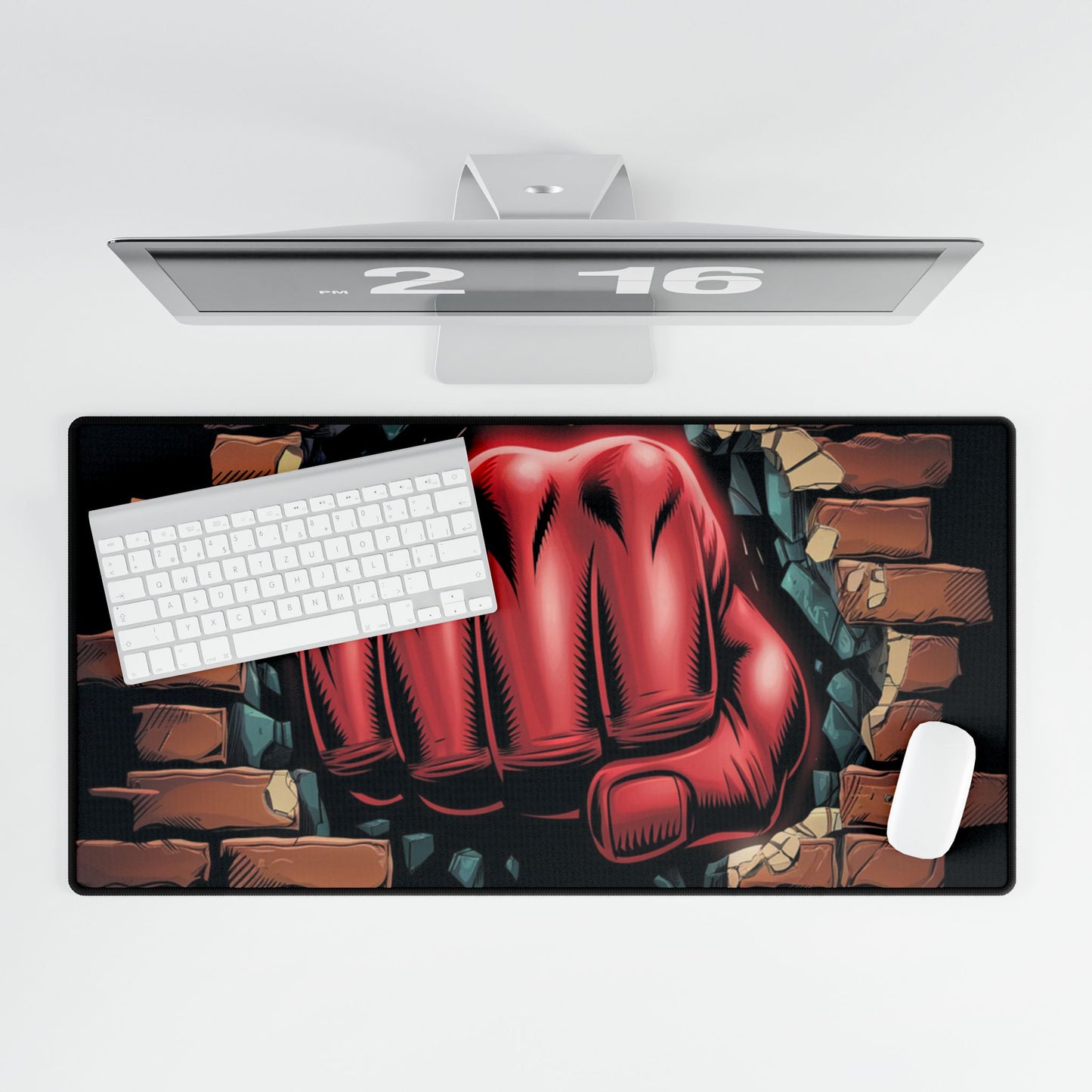 Desk Mat - Red Fist Punching Through Wall Design