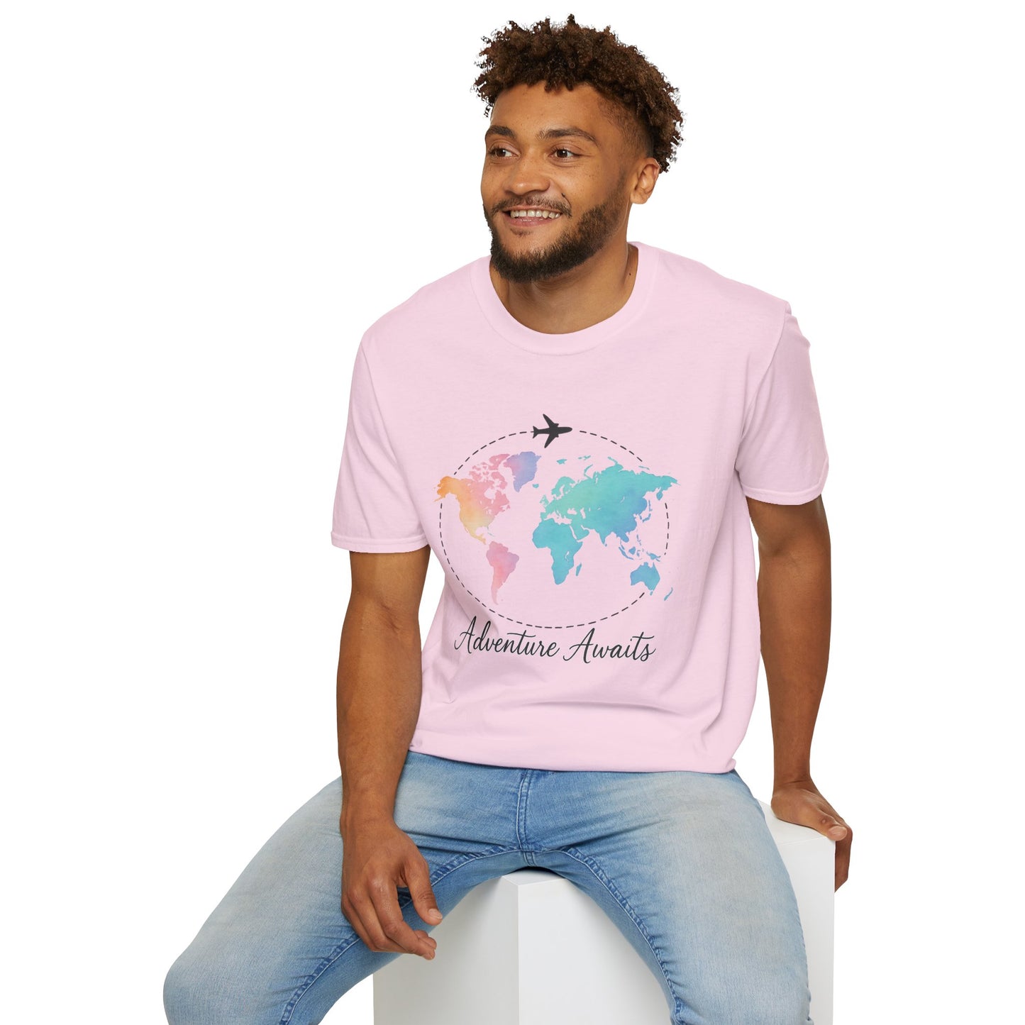 Adventure Awaits Travel Shirt | Watercolor World Map Tee for Women and Men | Wanderlust Gift for Travelers, Hikers, Campers, Beach Lovers