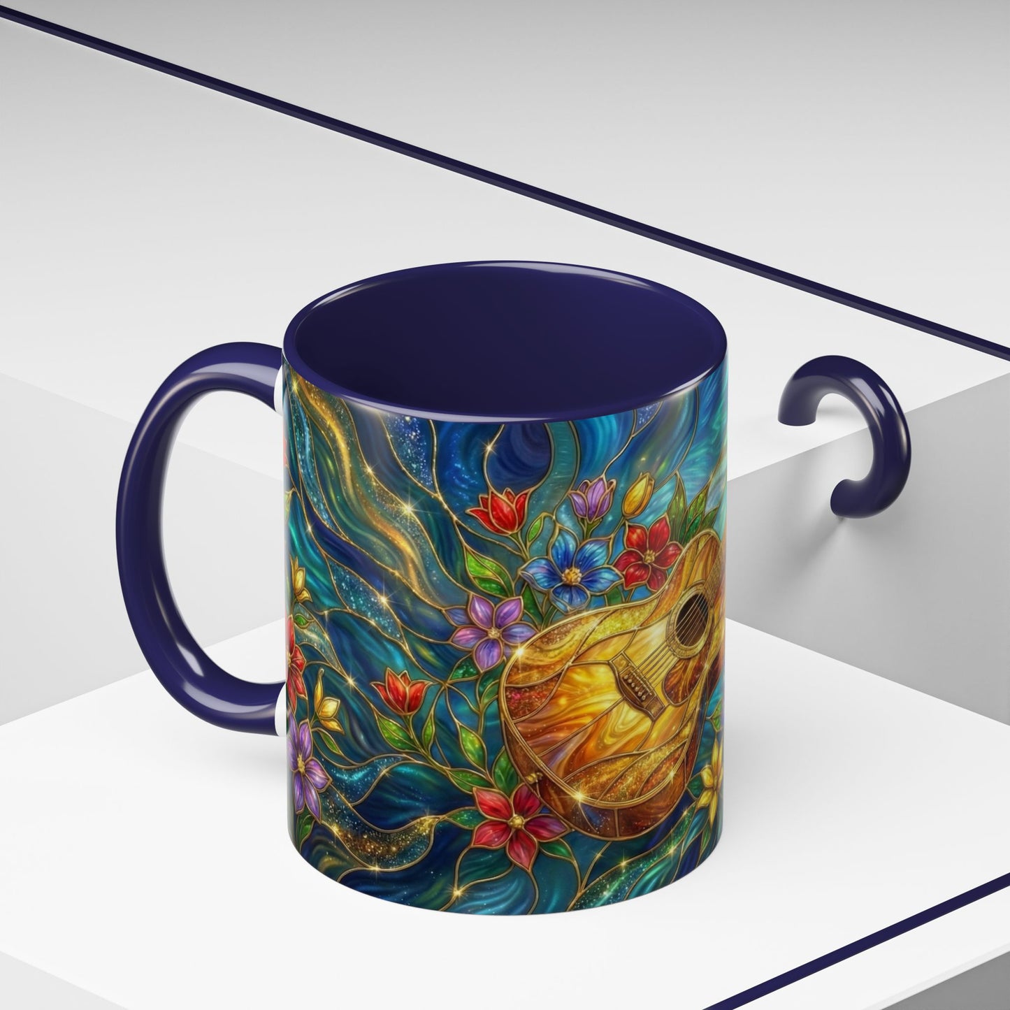 Guitar Coffee Mug, Stained Glass Guitar Art Mug, Music Lover Gift, Floral Acoustic Guitar Mug, Ceramic Coffee Cup, Unique Musician Gift, 11oz