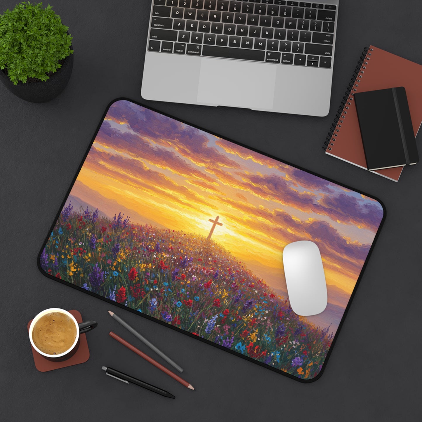 Desk Mat Mouse Pad - Cross on a Hill Monet Style Painting Christian Accessory Spiritual Mouse Pad Religious Desk Mat