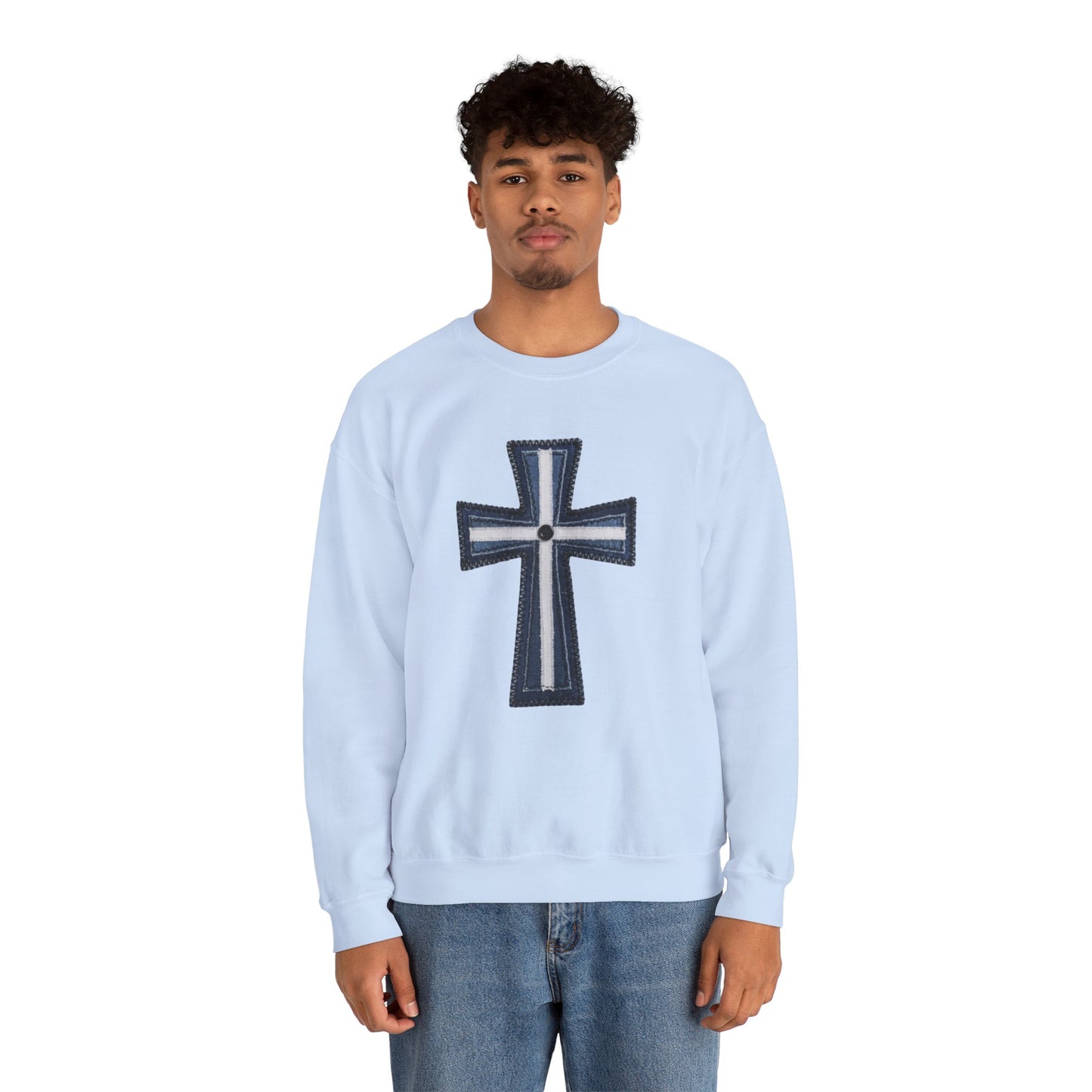 Faux Patchwork Cross Sweatshirt, Christian Patchwork Style Crewneck, Faith Gift for Women Men, Rustic Cross Sweatshirt, Religious Xmas Gift