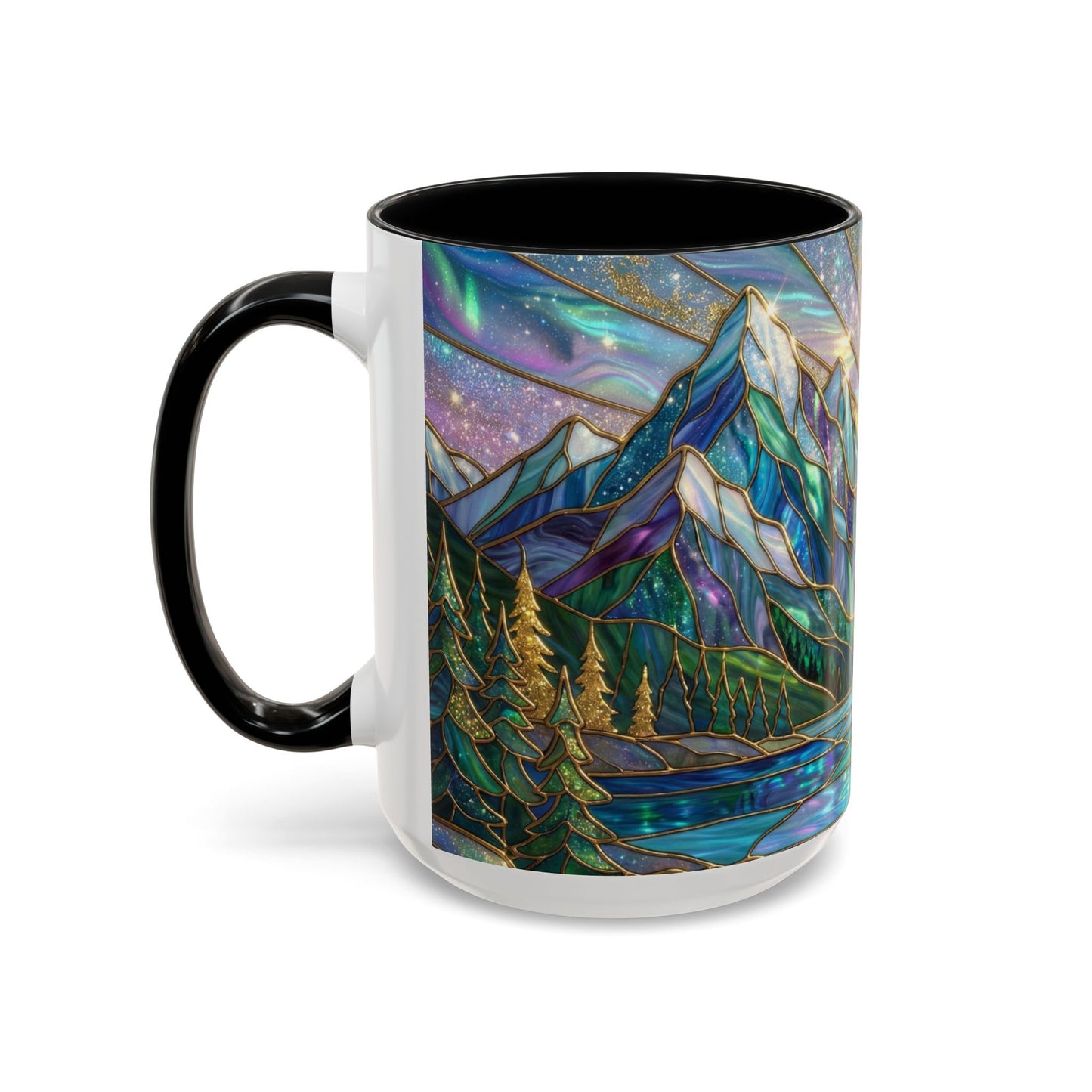 Stained Glass Mountain Mug, Mountain Landscape Coffee Cup, Galaxy Sky Nature Ceramic Mug, Sunrise River Forest Art, 11oz 15oz Gift