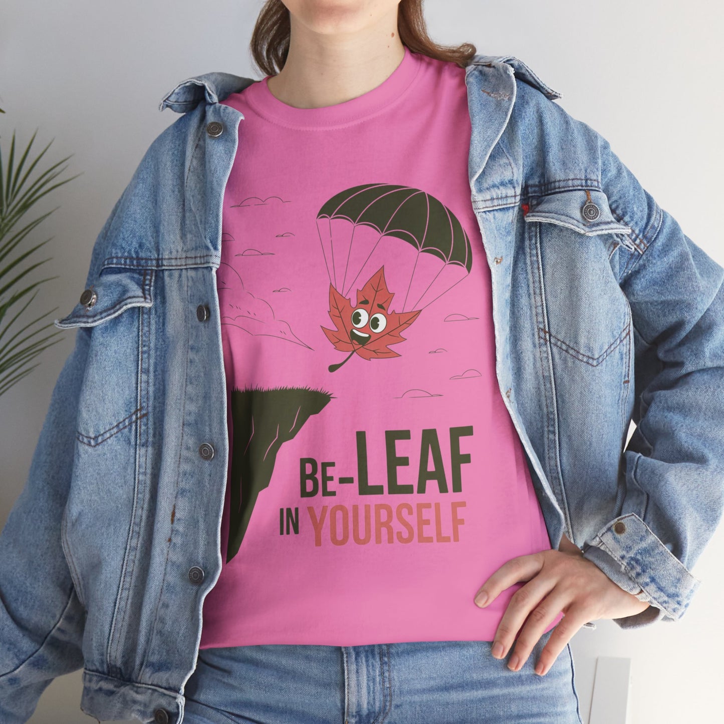 Be-Leaf In Yourself Maple Leaf Parachute T-Shirt | Funny Motivational Nature Graphic Tee | Self-Love Fall Autumn Shirt | Outdoorsy Gift