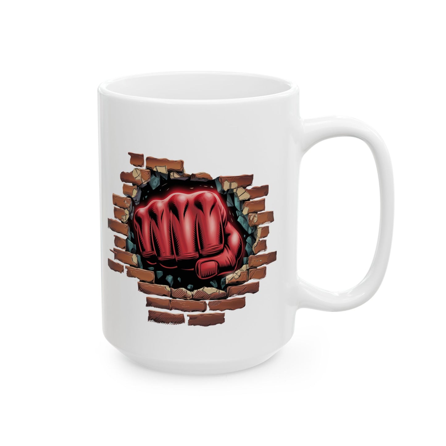 Red Fist Breaking Through Brick Mug – Bold Graphic 11oz or 15oz Ceramic Coffee Cup – Edgy Statement Gift for Him or Her, Cottagecore & Galaxy Aesthetic
