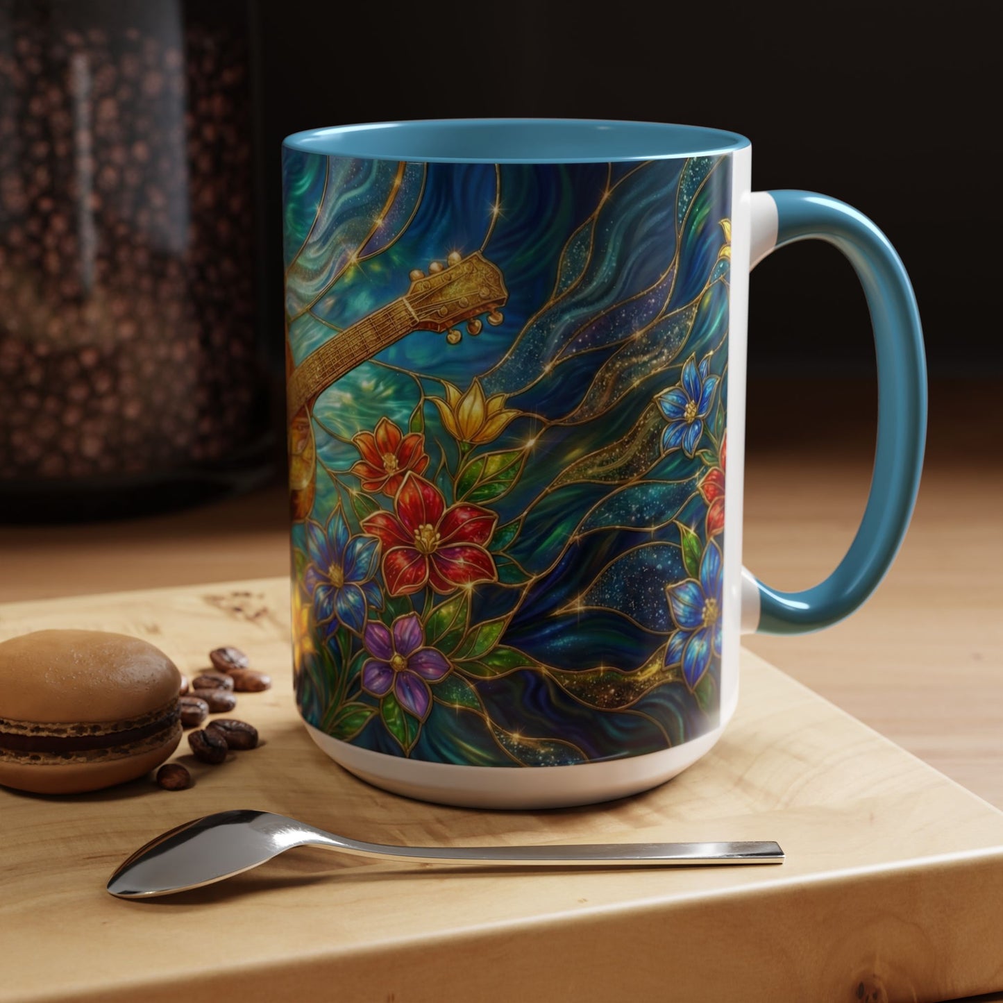 Guitar Coffee Mug, Stained Glass Guitar Art Mug, Music Lover Gift, Floral Acoustic Guitar Mug, Ceramic Coffee Cup, Unique Musician Gift, 11oz