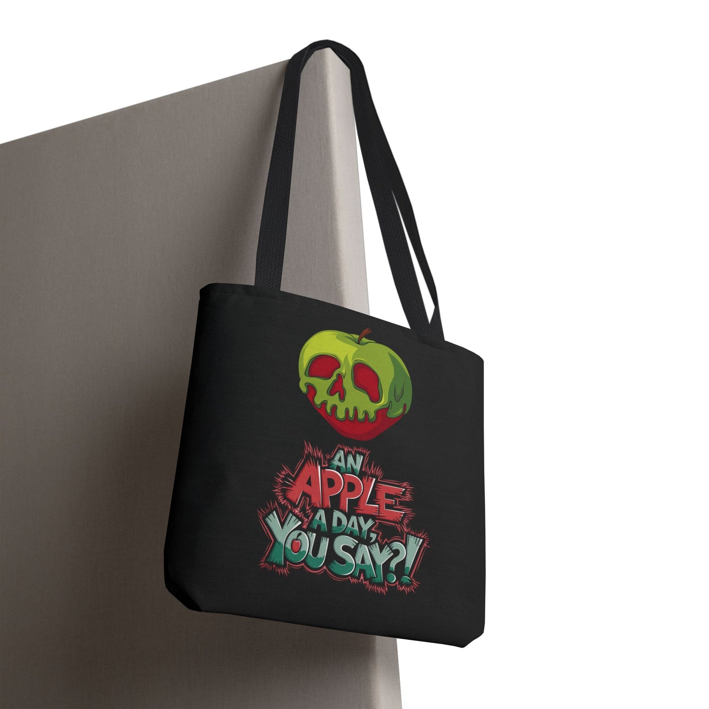 Spooky Halloween Tote Bag – Poison Apple Design – Funny Gothic Tote – Trick or Treat Bag – Creepy Apple Pun Gift – Black Tote Bag