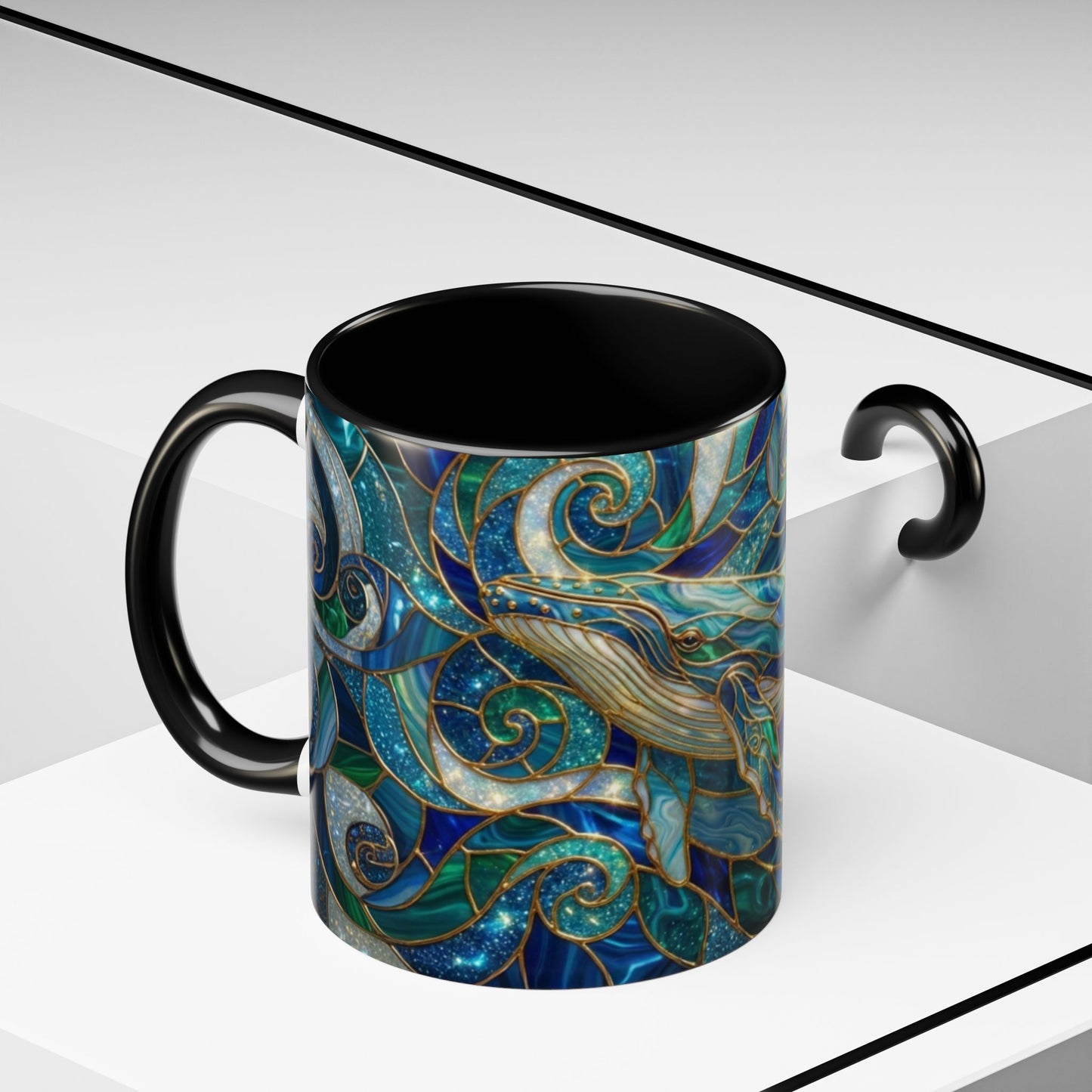 Stained Glass Whale Mug, Ocean Art Coffee Cup, Blue Sea Life Design, Nautical Gift For Ocean Lovers, Colorful Stained Glass Whale Cup