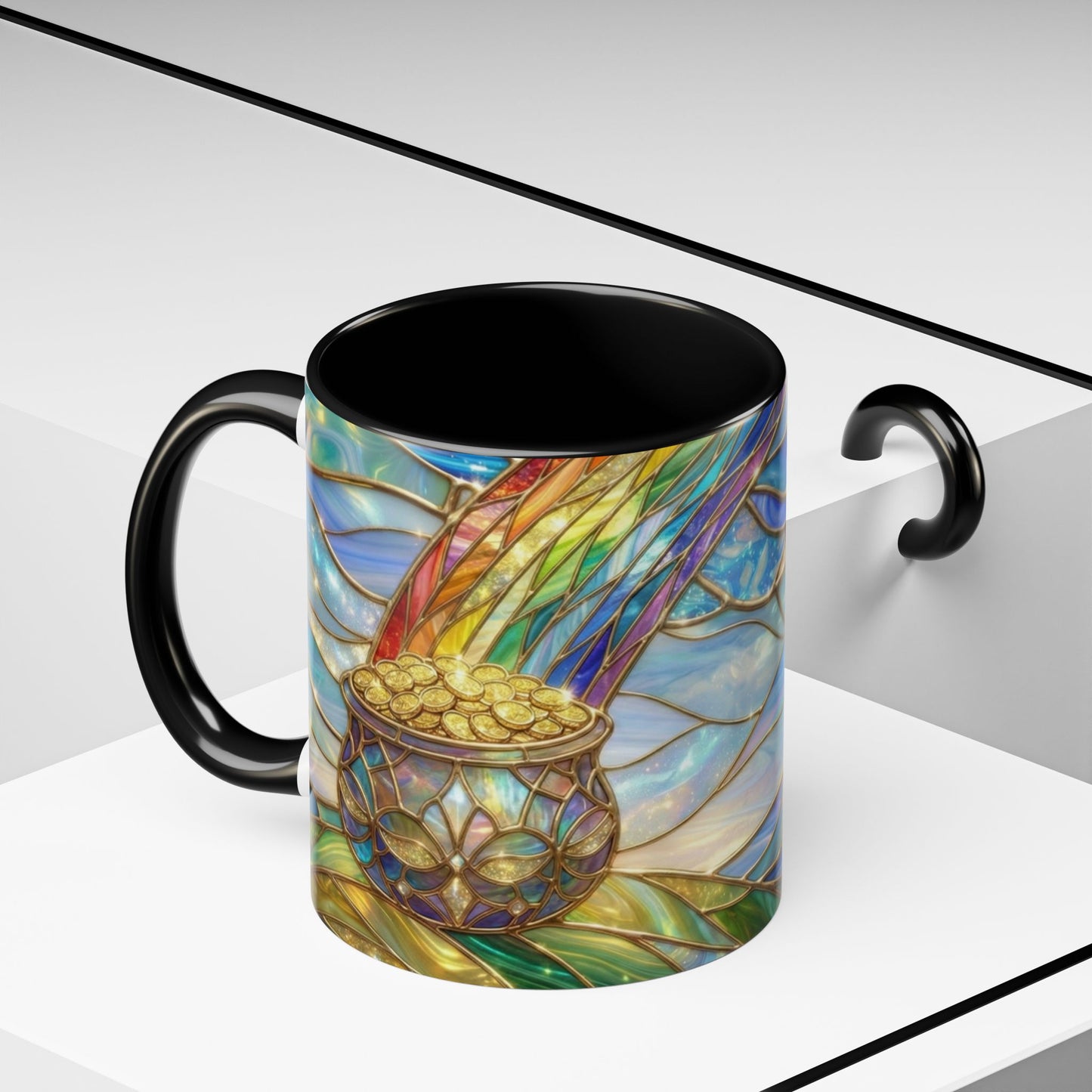 Stained Glass Rainbow Mug, Pot Of Gold Coffee Cup, St Patricks Day Gift, Magical Fantasy Tea Cup, Lucky Irish Leprechaun, Colorful Art