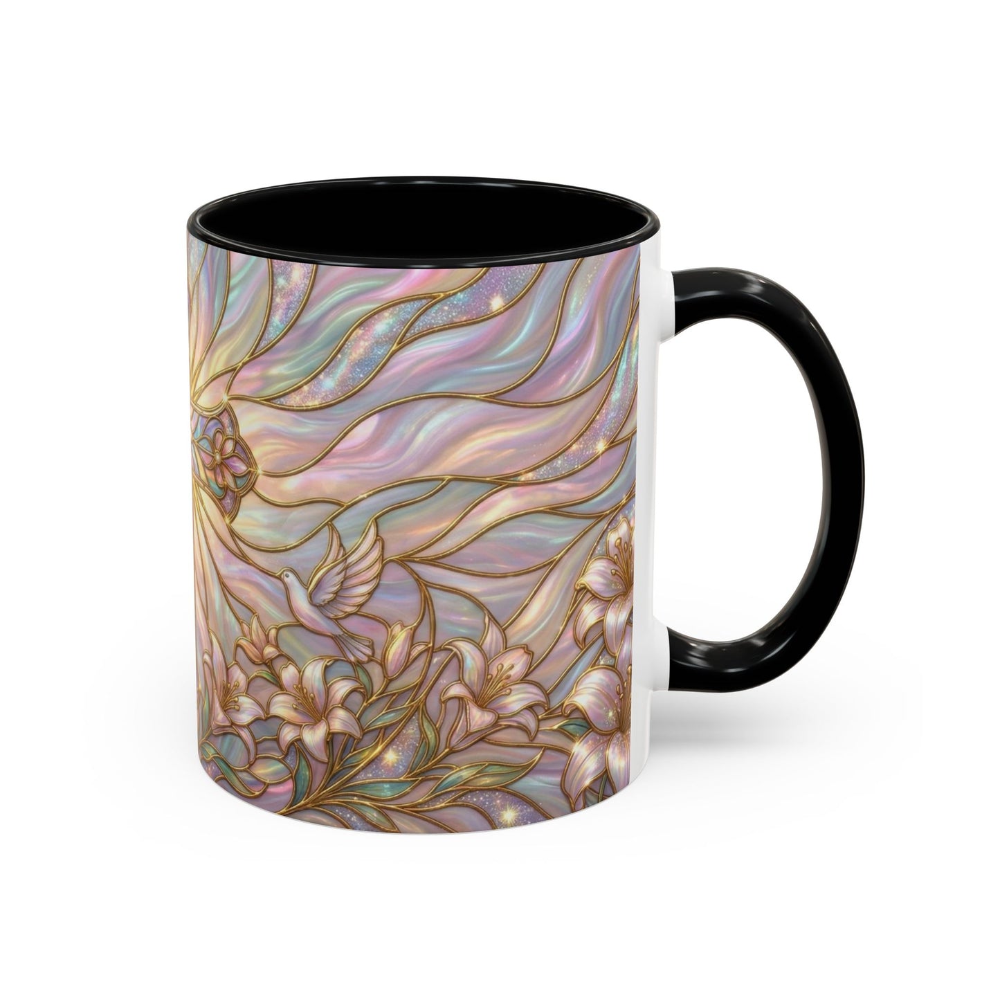 Stained Glass Cross Mug, Easter Lily Coffee Cup, Christian Gift for Women, Pastel Religious Drinkware, Dove and Faith Cup, Spiritual